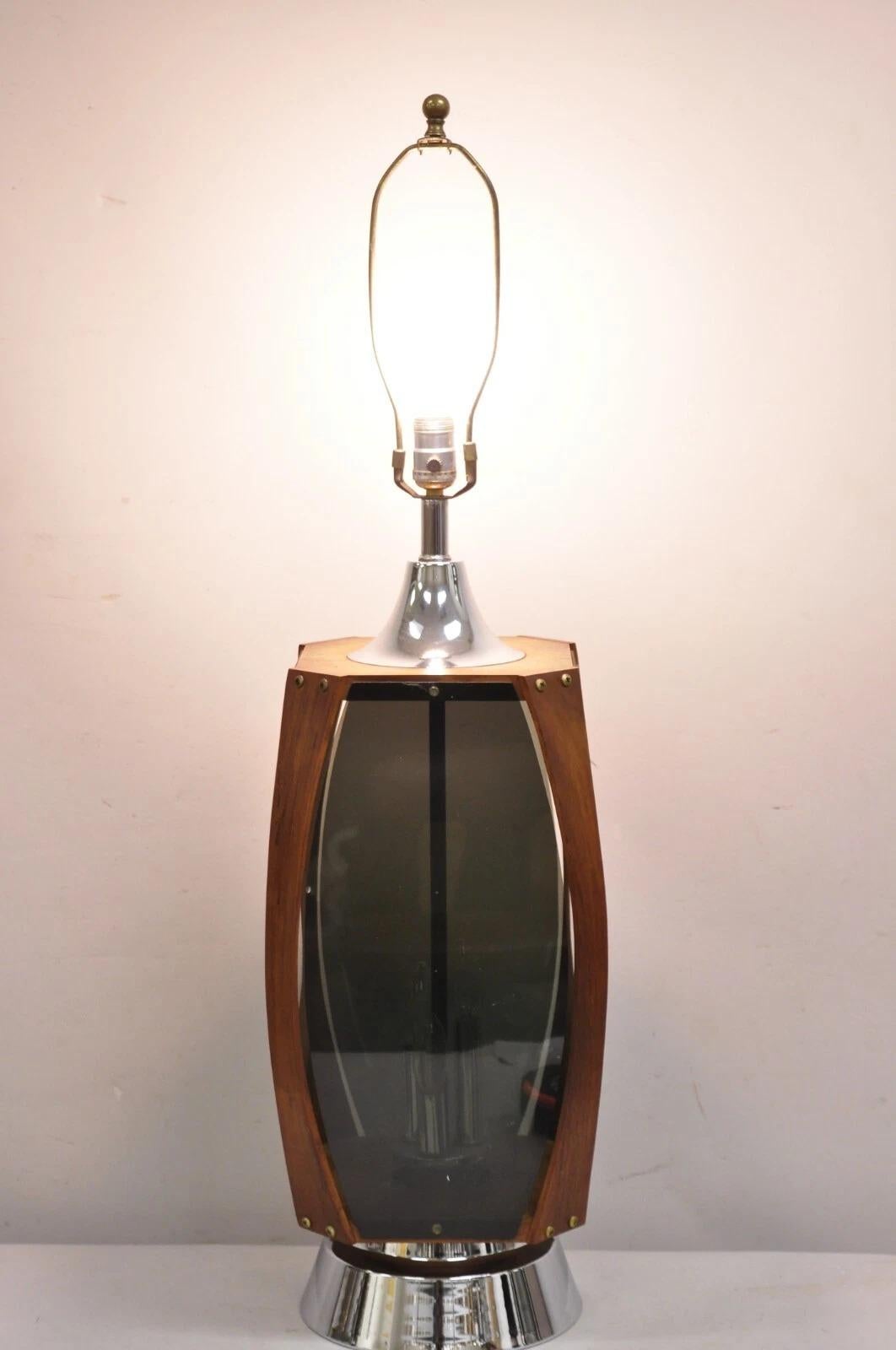 Vintage Lawrin Mid Century Modern Walnut Chrome Smoked Plexiglass Table Lamp For Sale 6