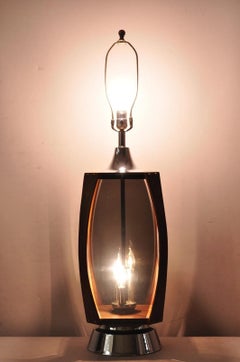 Vintage Lawrin Mid Century Modern Walnut Chrome Smoked Plexiglass Table Lamp