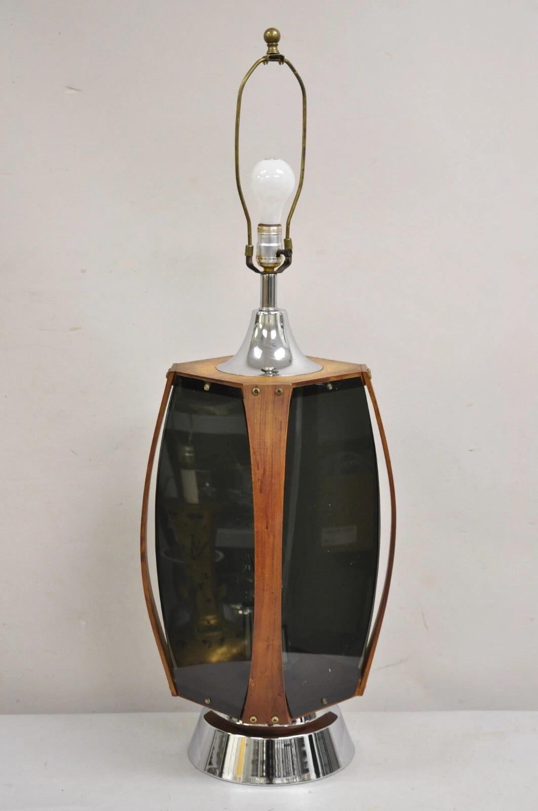 Unknown Vintage Lawrin Mid Century Modern Walnut Chrome Smoked Plexiglass Table Lamp For Sale