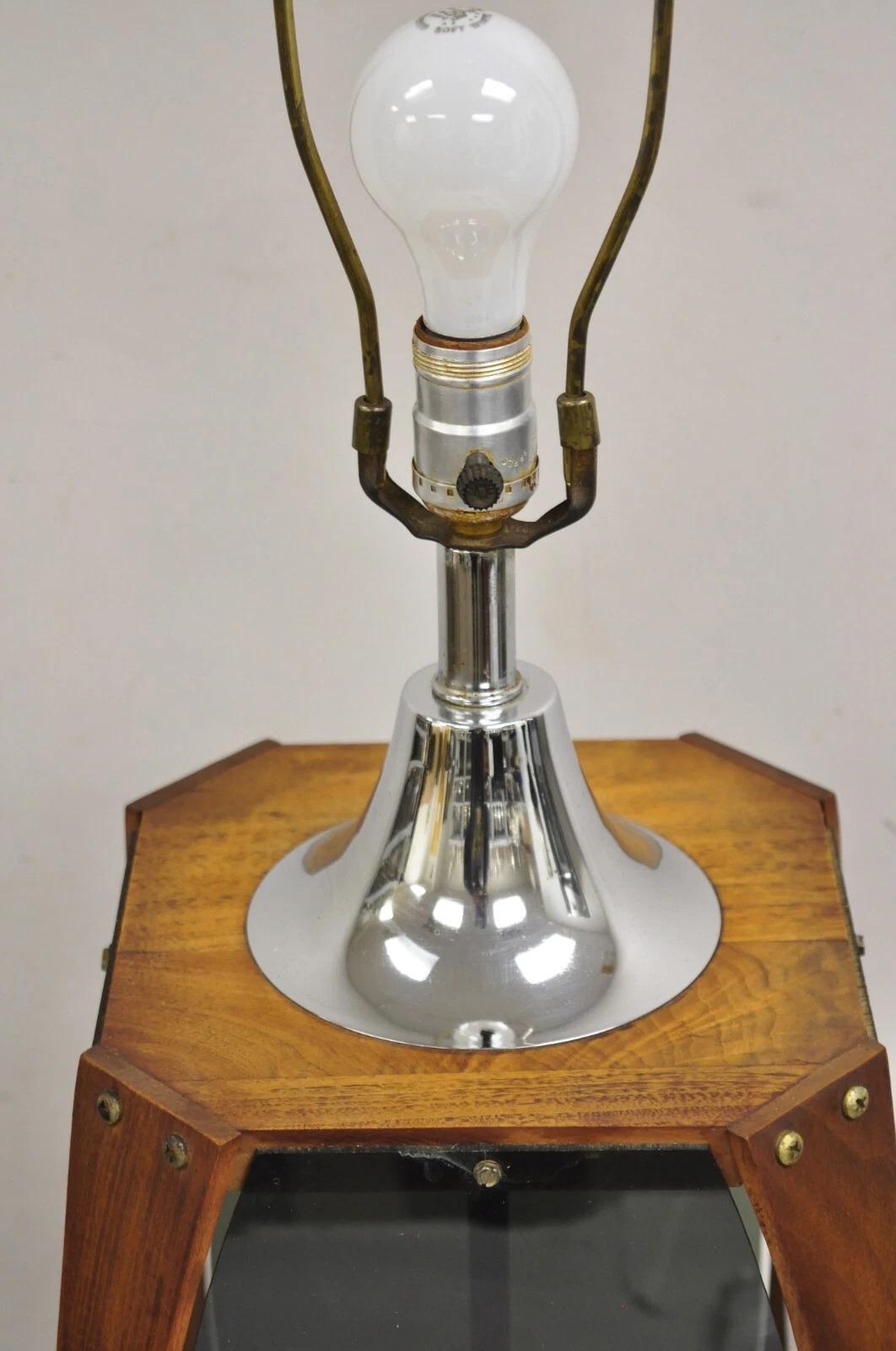 Vintage Lawrin Mid Century Modern Walnut Chrome Smoked Plexiglass Table Lamp In Good Condition For Sale In Philadelphia, PA