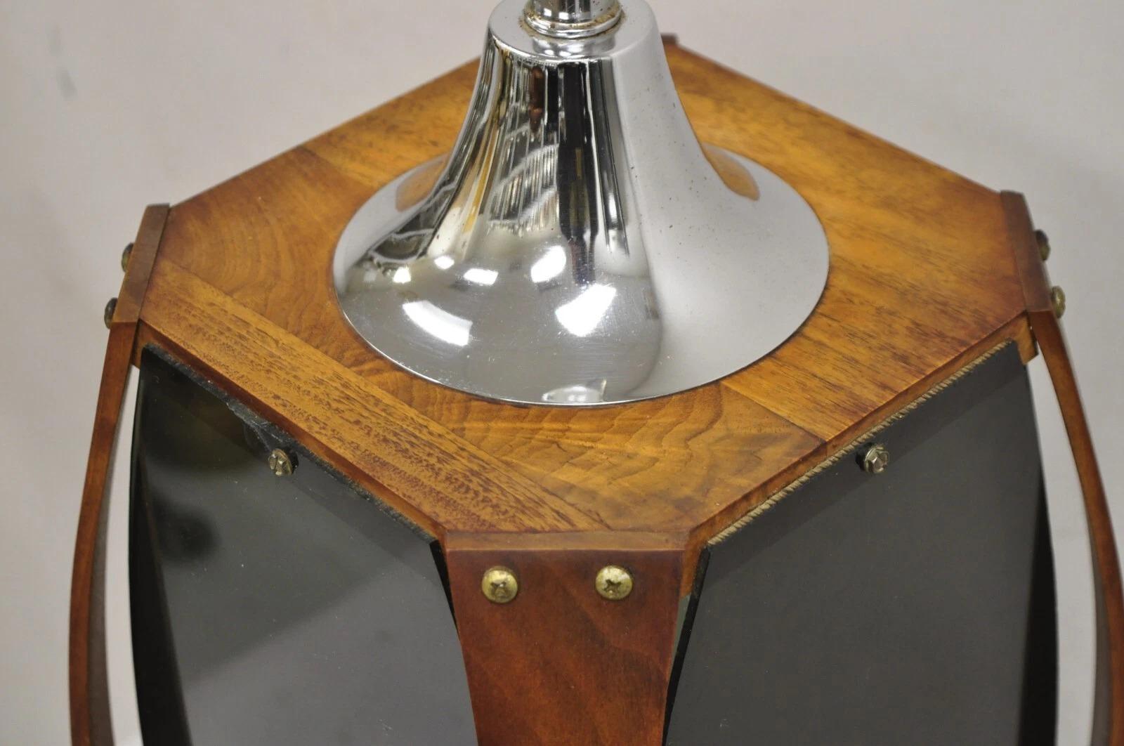 20th Century Vintage Lawrin Mid Century Modern Walnut Chrome Smoked Plexiglass Table Lamp For Sale