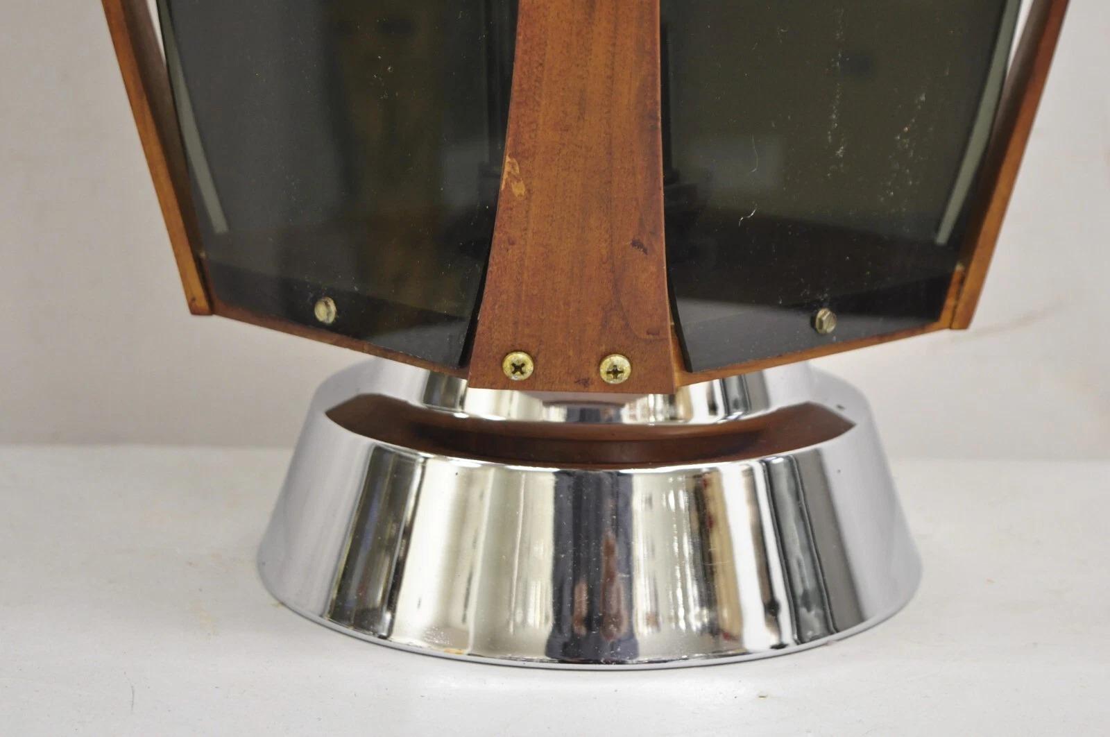 Vintage Lawrin Mid Century Modern Walnut Chrome Smoked Plexiglass Table Lamp For Sale 2