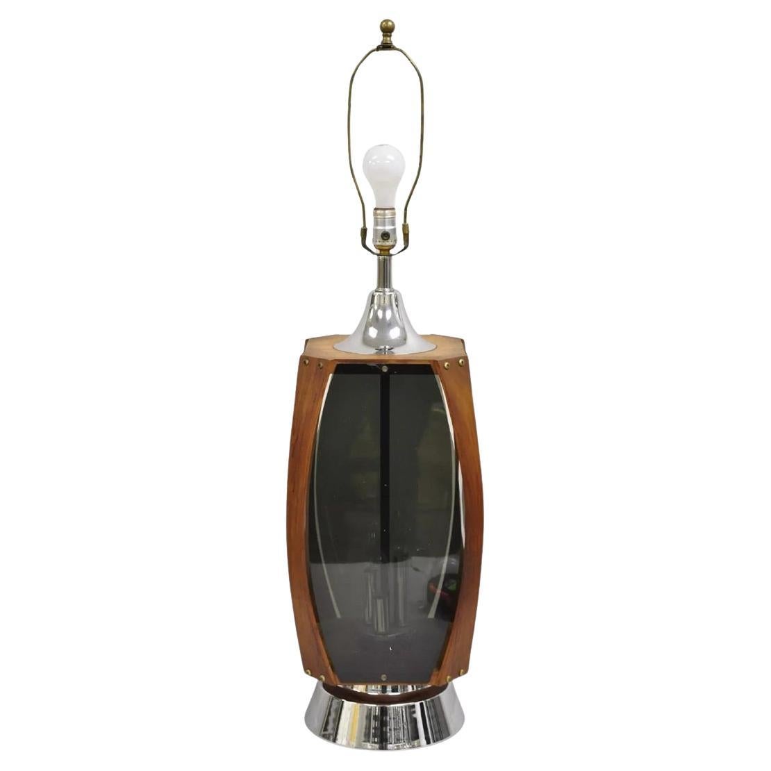 Vintage Lawrin Mid Century Modern Walnut Chrome Smoked Plexiglass Table Lamp