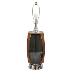 Vintage Lawrin Mid Century Modern Walnut Chrome Smoked Plexiglass Table Lamp