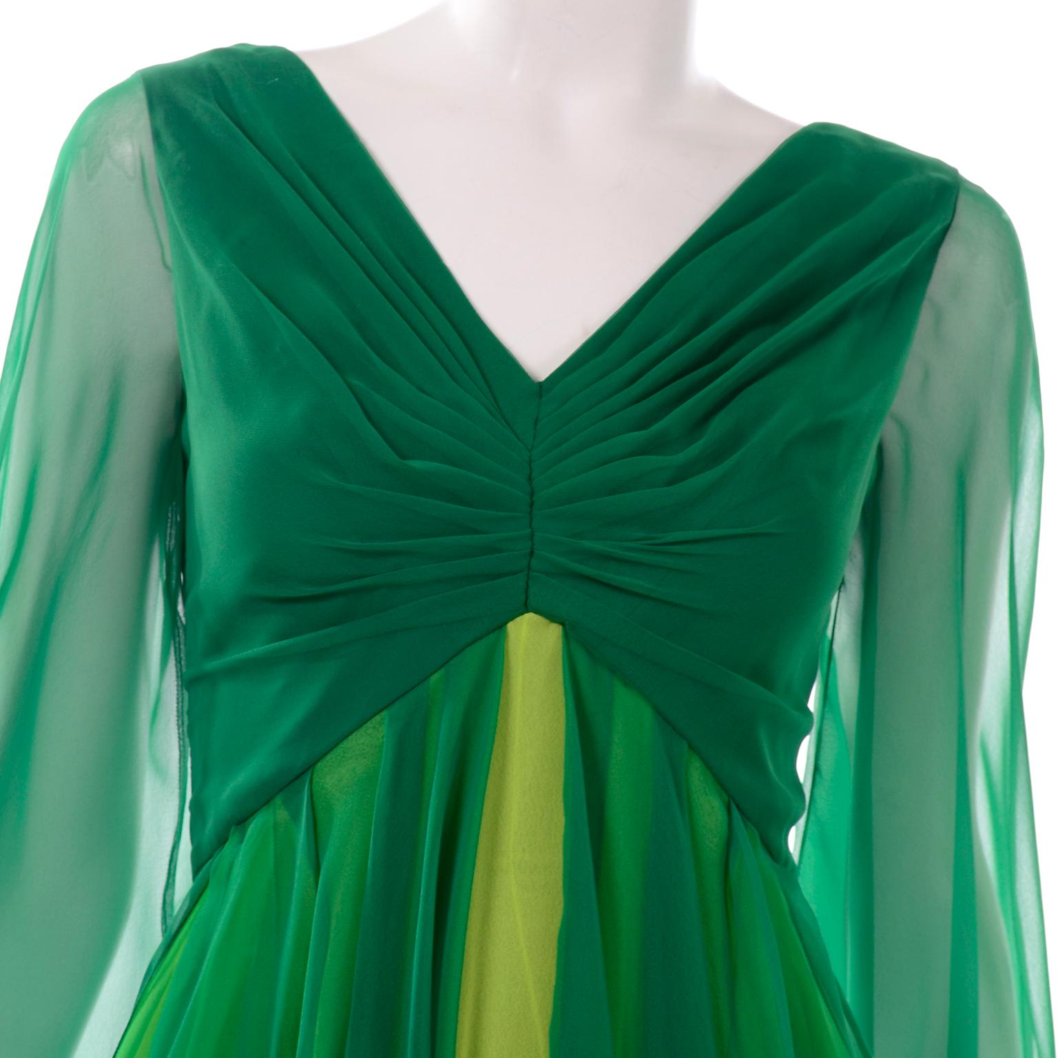 Vintage Layered Flowing Evening Dress in Multi Shades of Green Silk Chiffon  For Sale 3