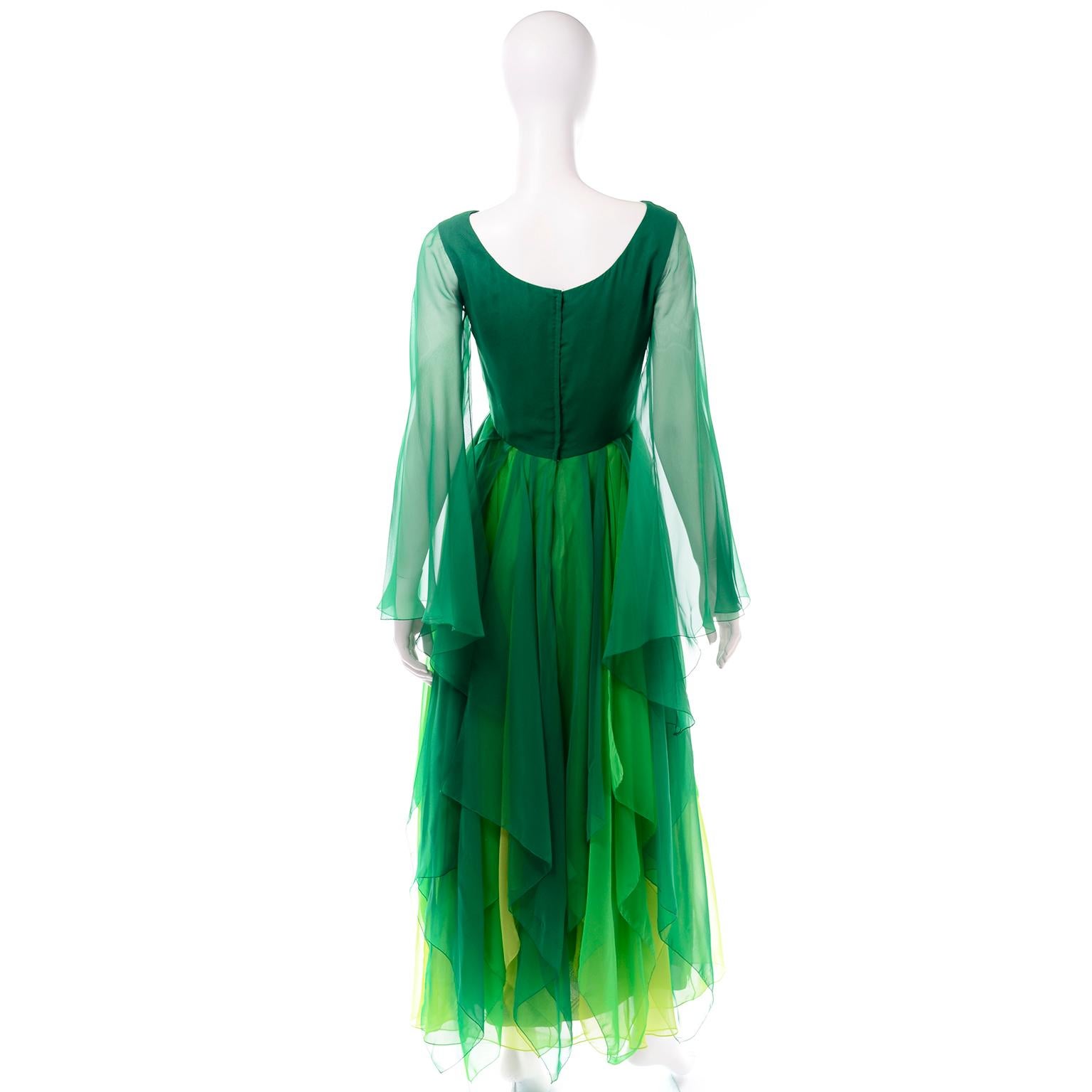 Robe de soirée flottante en mousseline de soie verte multicolore, vintage  Pour femmes en vente