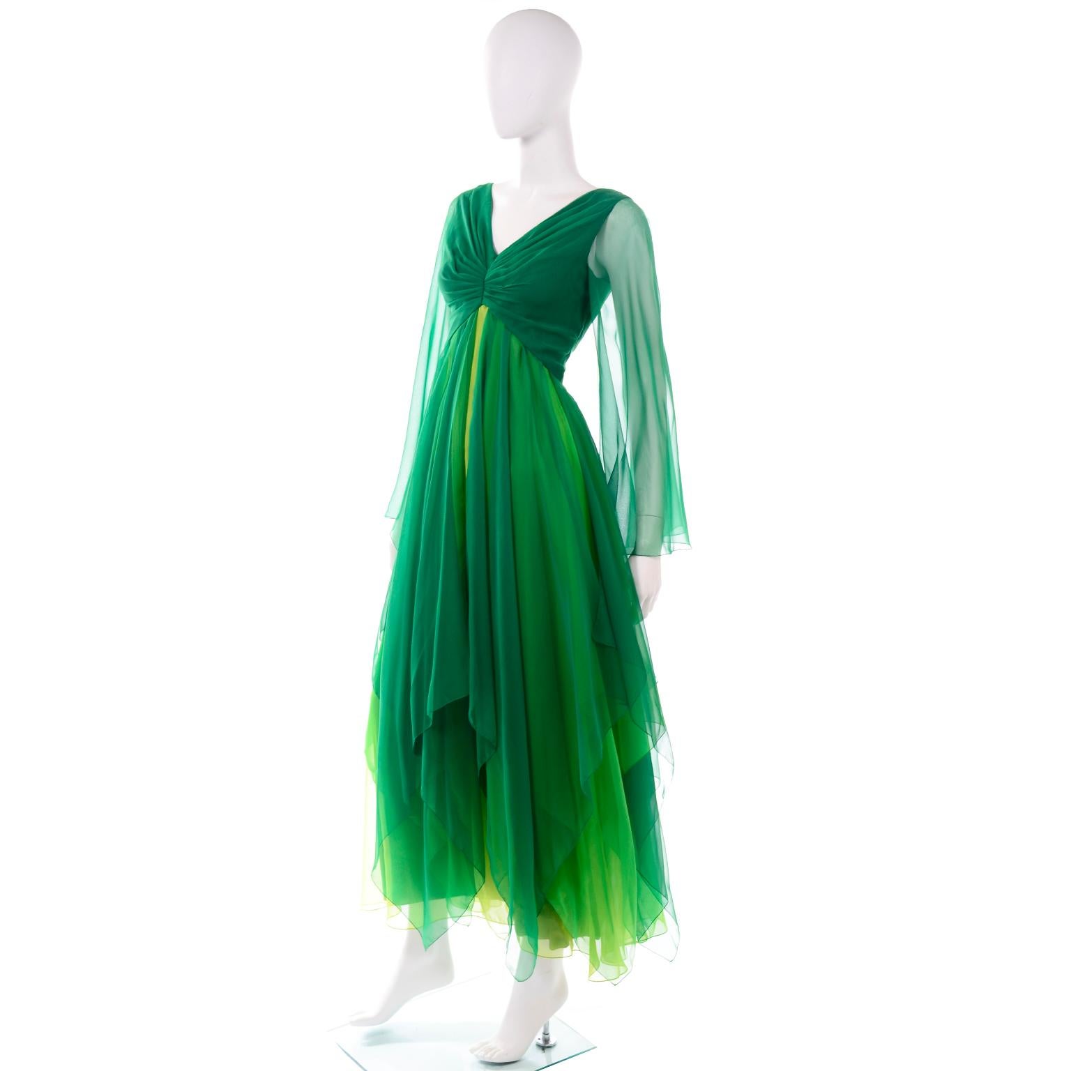 Women's Vintage Layered Flowing Evening Dress in Multi Shades of Green Silk Chiffon  For Sale