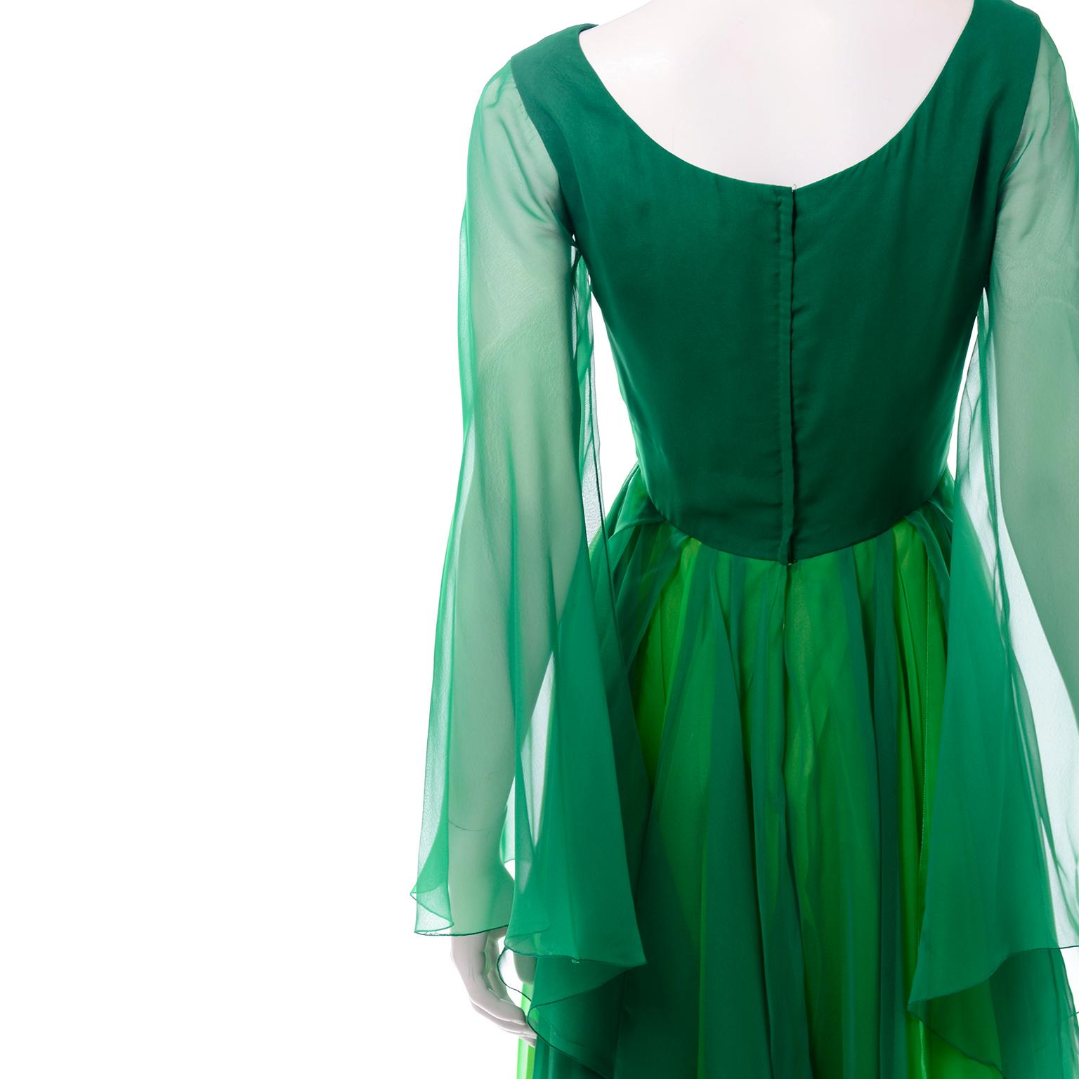 Vintage Layered Flowing Evening Dress in Multi Shades of Green Silk Chiffon  For Sale 1