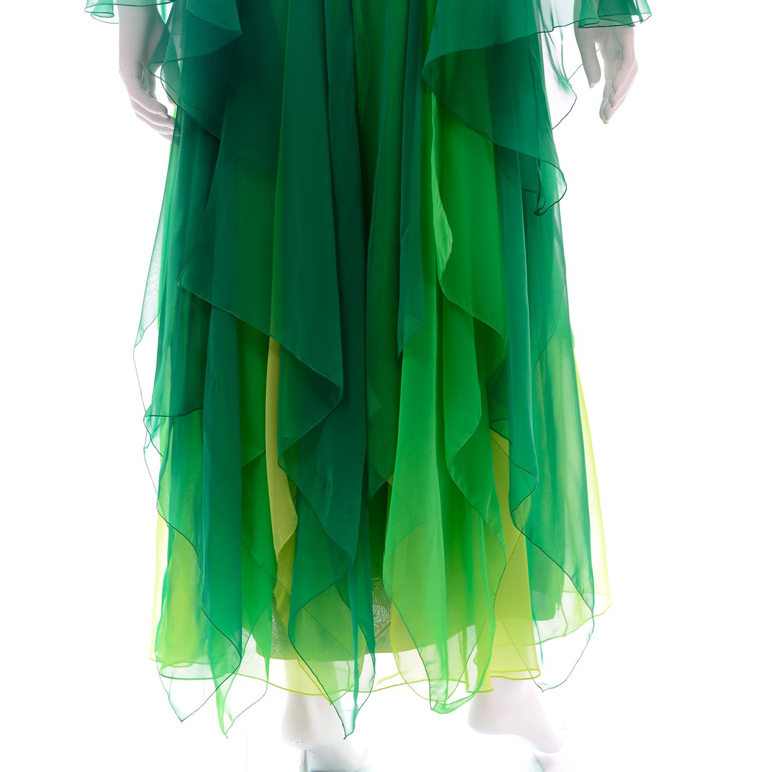 Vintage Layered Flowing Evening Dress in Multi Shades of Green Silk Chiffon  For Sale 2