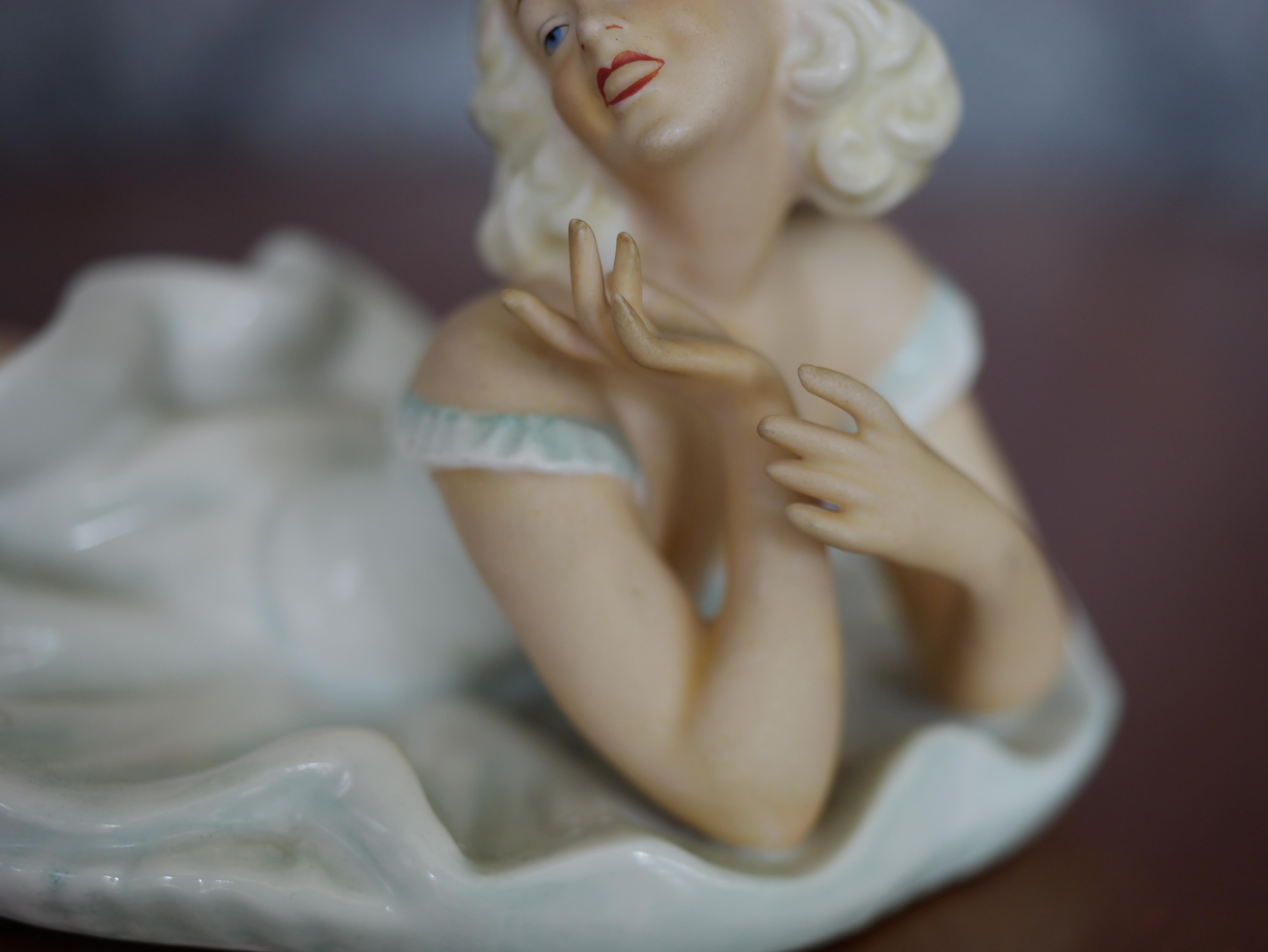 German Vintage laying lady porcelain figure original Schaubach Kunst art sculpture  For Sale