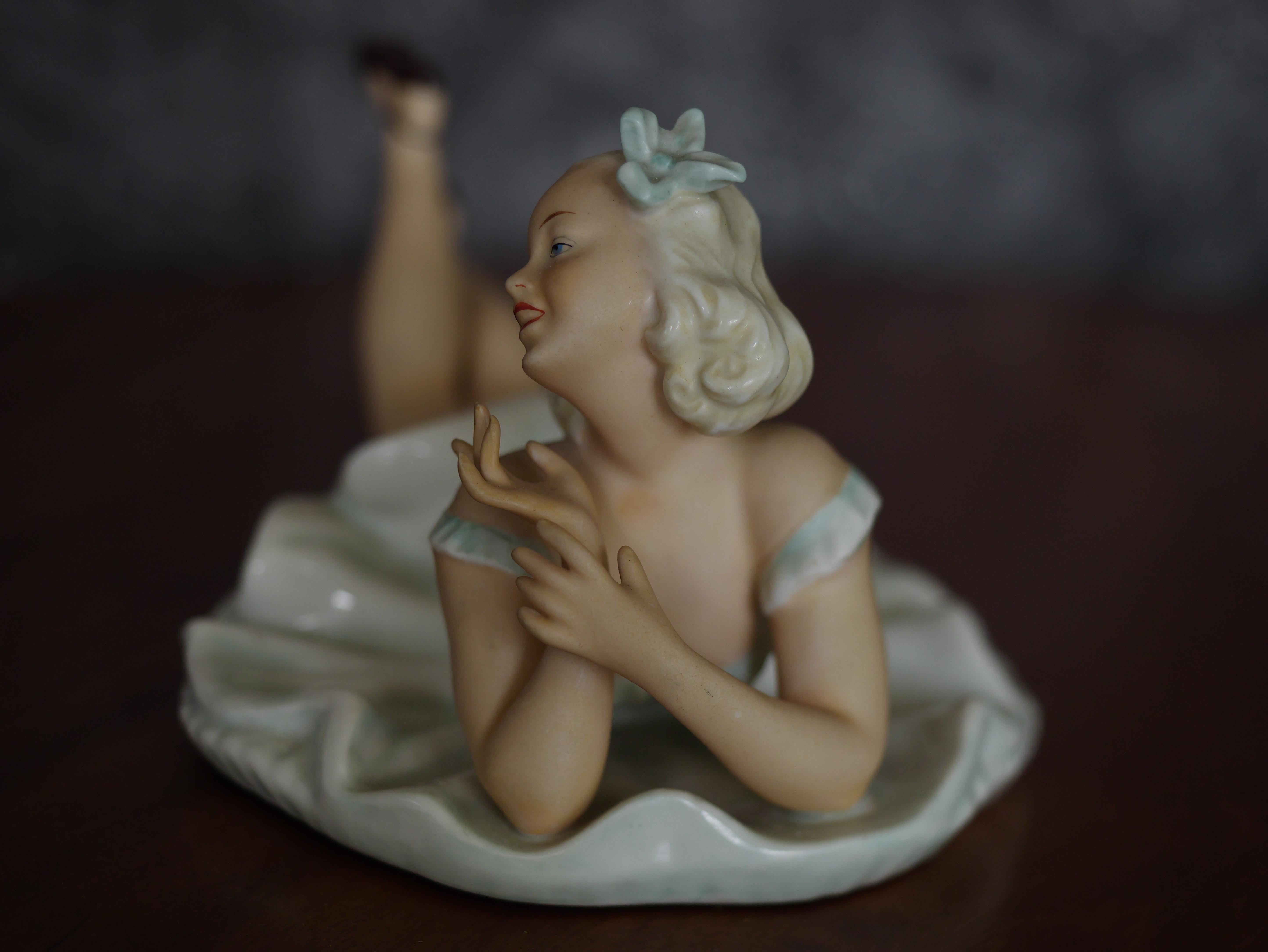 Porcelain Vintage laying lady porcelain figure original Schaubach Kunst art sculpture  For Sale