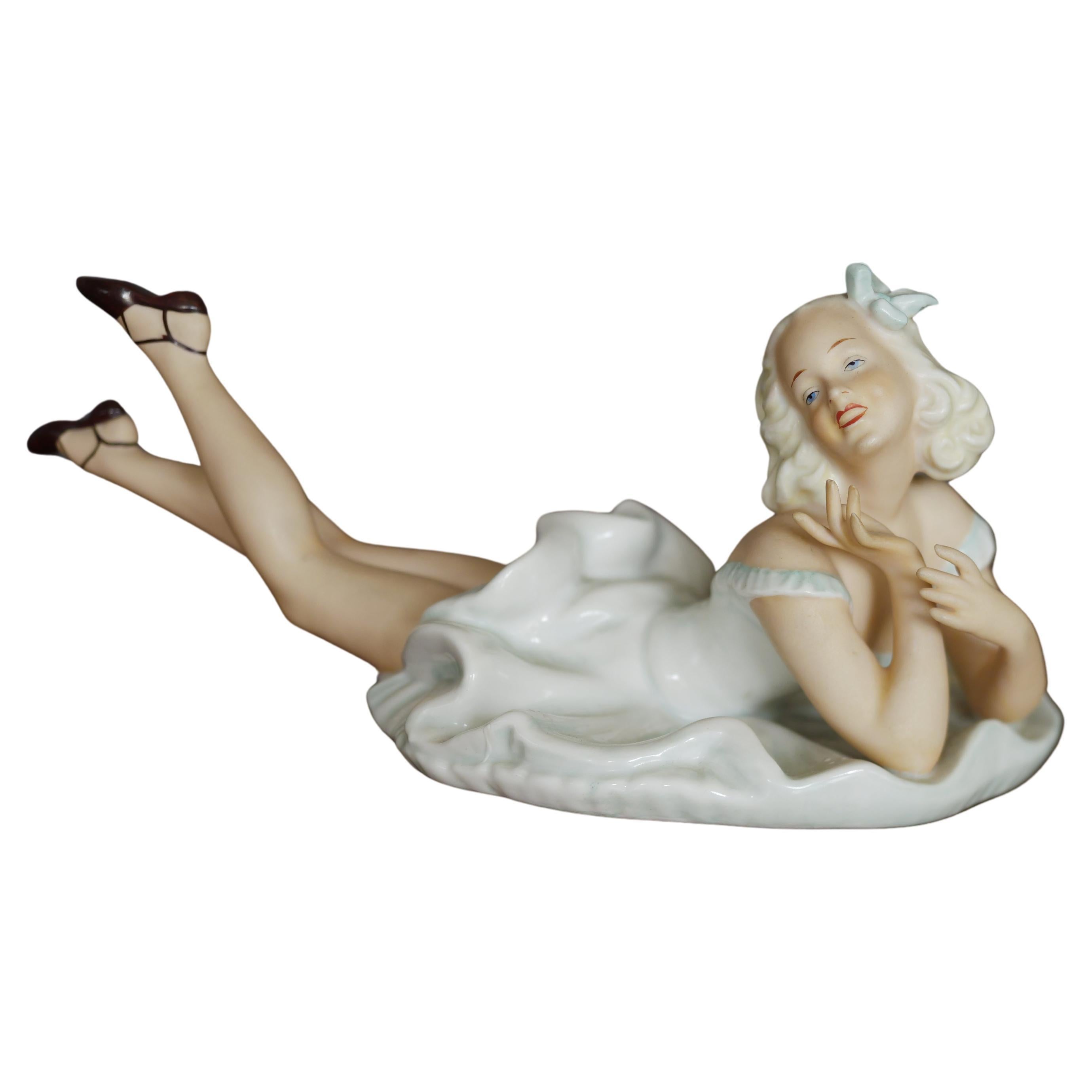 Vintage laying lady porcelain figure original Schaubach Kunst art sculpture  For Sale