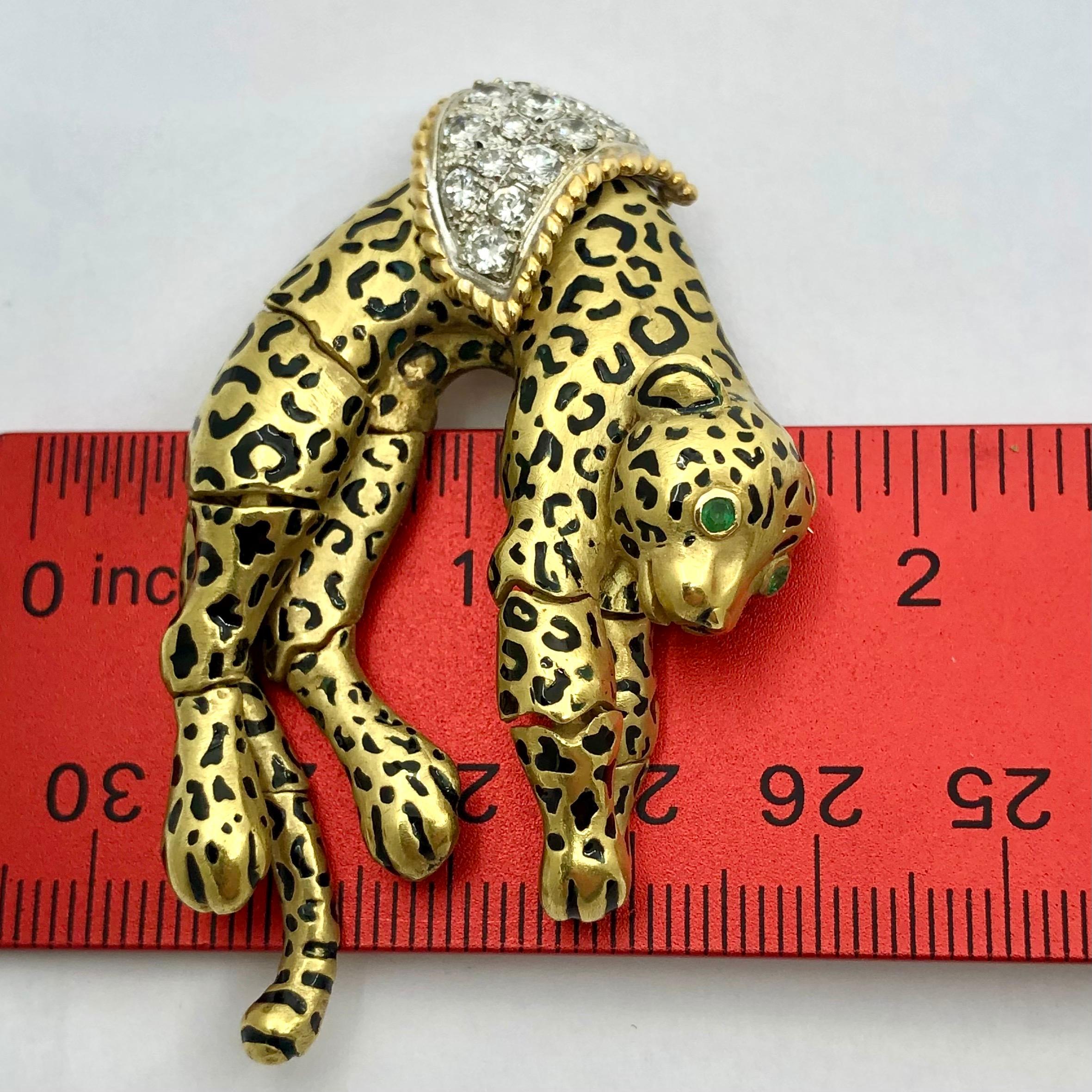 Vintage Lazy Leopard Gold, Enamel and Diamond Brooch 3