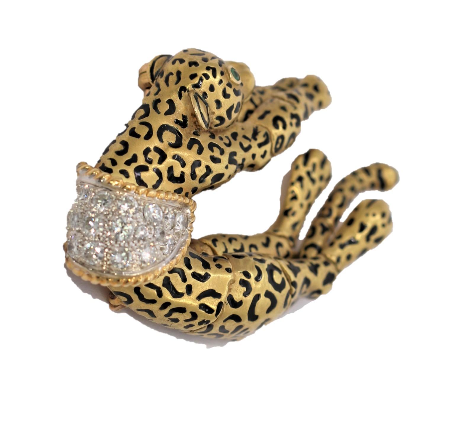 Brilliant Cut Vintage Lazy Leopard Gold, Enamel and Diamond Brooch