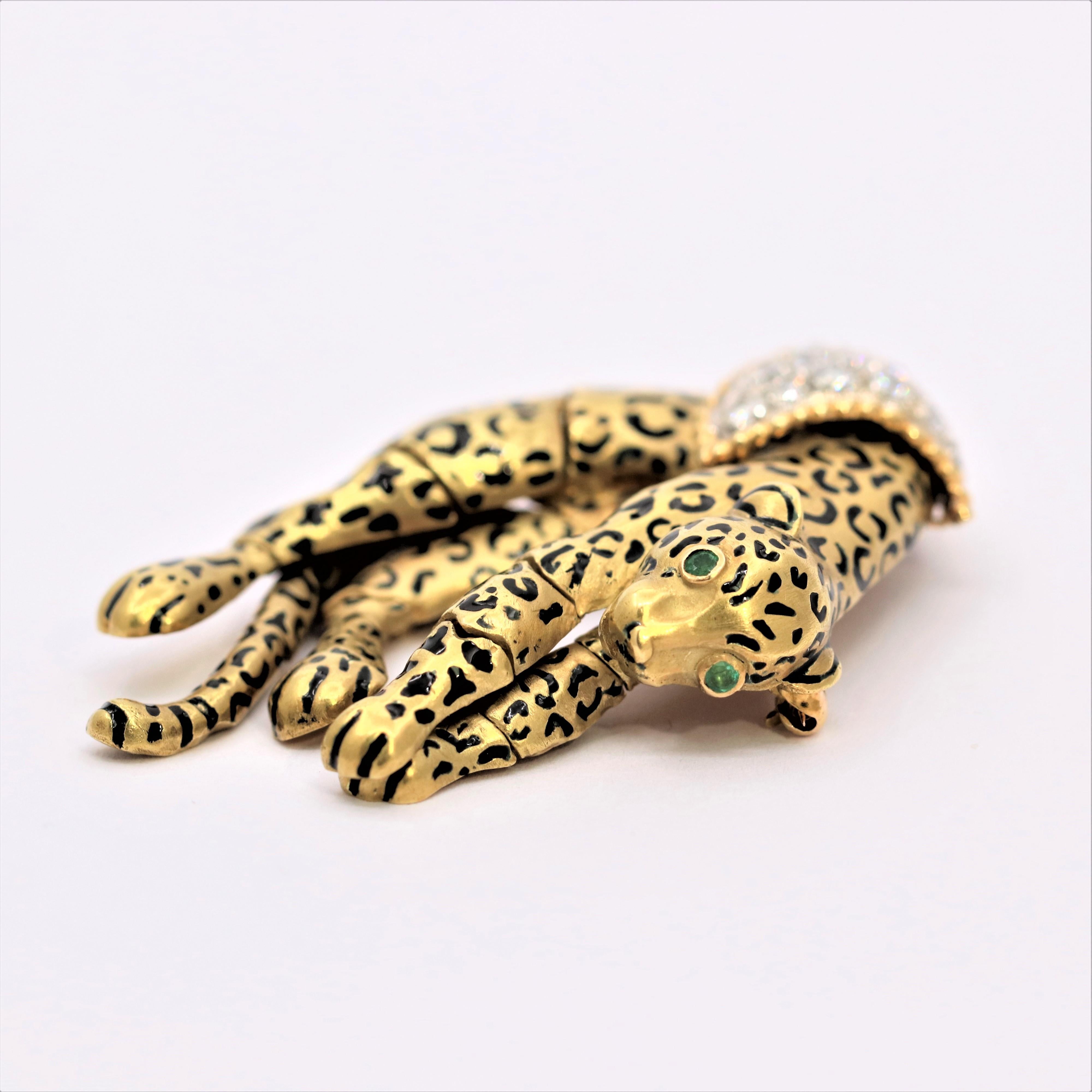 Vintage Lazy Leopard Gold, Enamel and Diamond Brooch In Good Condition In Palm Beach, FL