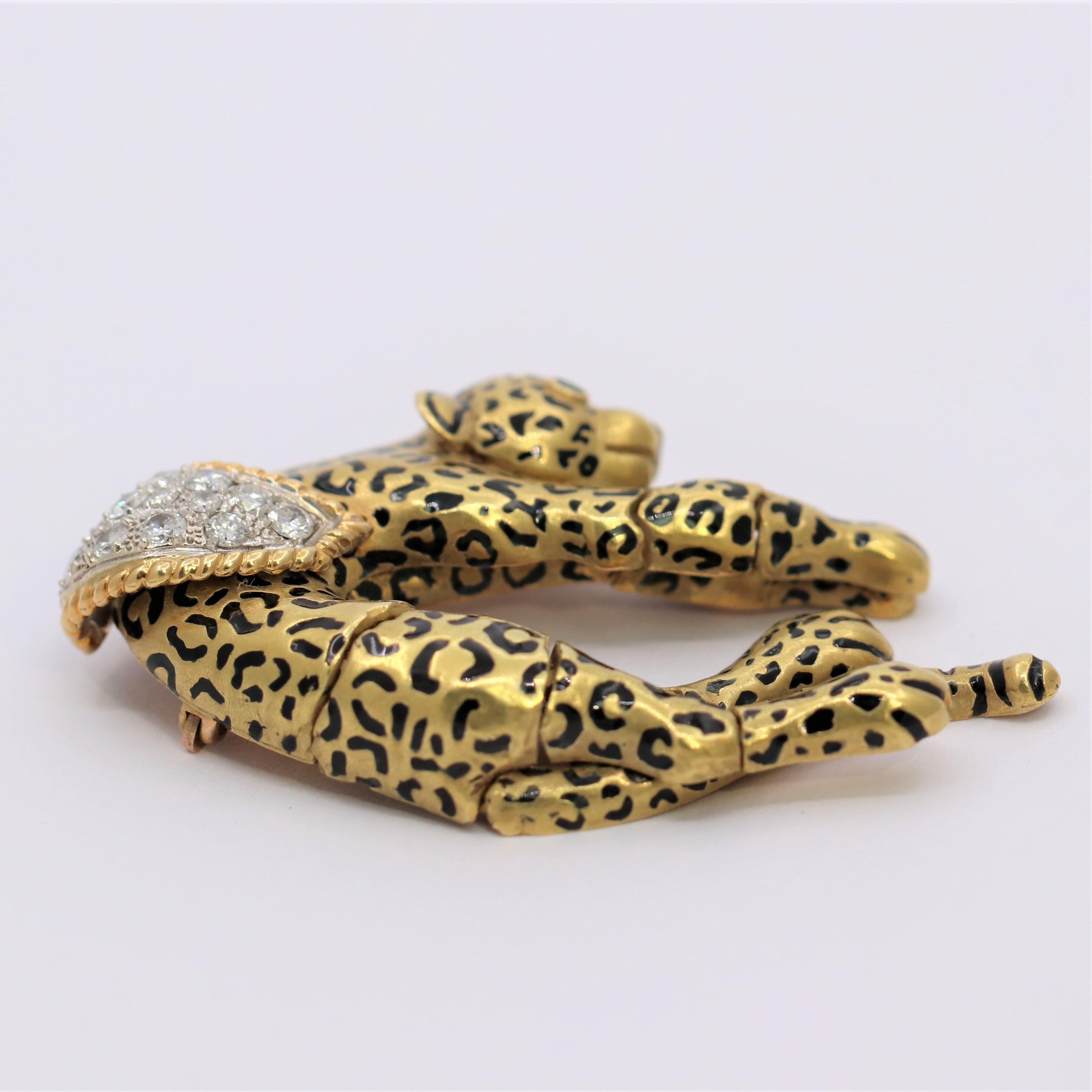 Women's Vintage Lazy Leopard Gold, Enamel and Diamond Brooch