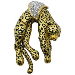 Vintage Lazy Leopard Gold, Enamel and Diamond Brooch