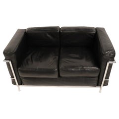 Vintage LC2 black leather chrome frame 2 seat sofa loveseat by Le Corbusier