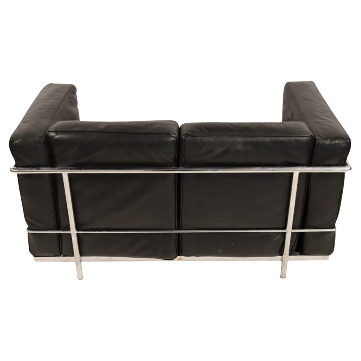 Italian Vintage LC2 black leather chrome frame 2 seat sofa loveseat by Le Corbusier