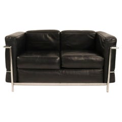 Used LC2 black leather chrome frame 2 seat sofa loveseat by Le Corbusier