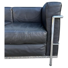 Vintage LC2 black leather chrome frame 3 seat sofa by Le Corbusier
