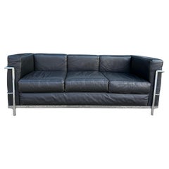 Vintage LC2 black leather chrome frame 3 seat sofa by Le Corbusier
