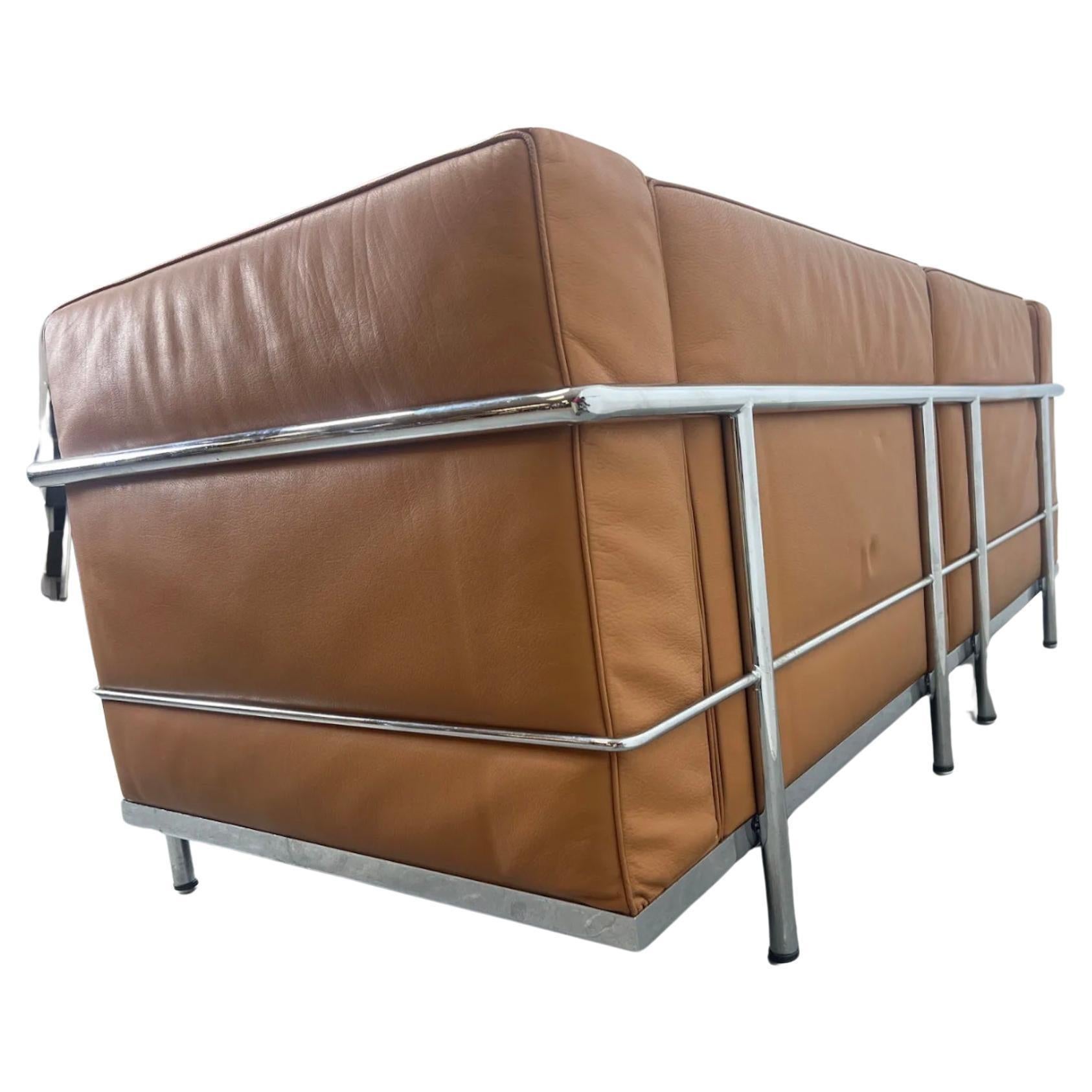 American Vintage LC2 Tan leather chrome frame 2 seat sofa loveseat by Le Corbusier For Sale