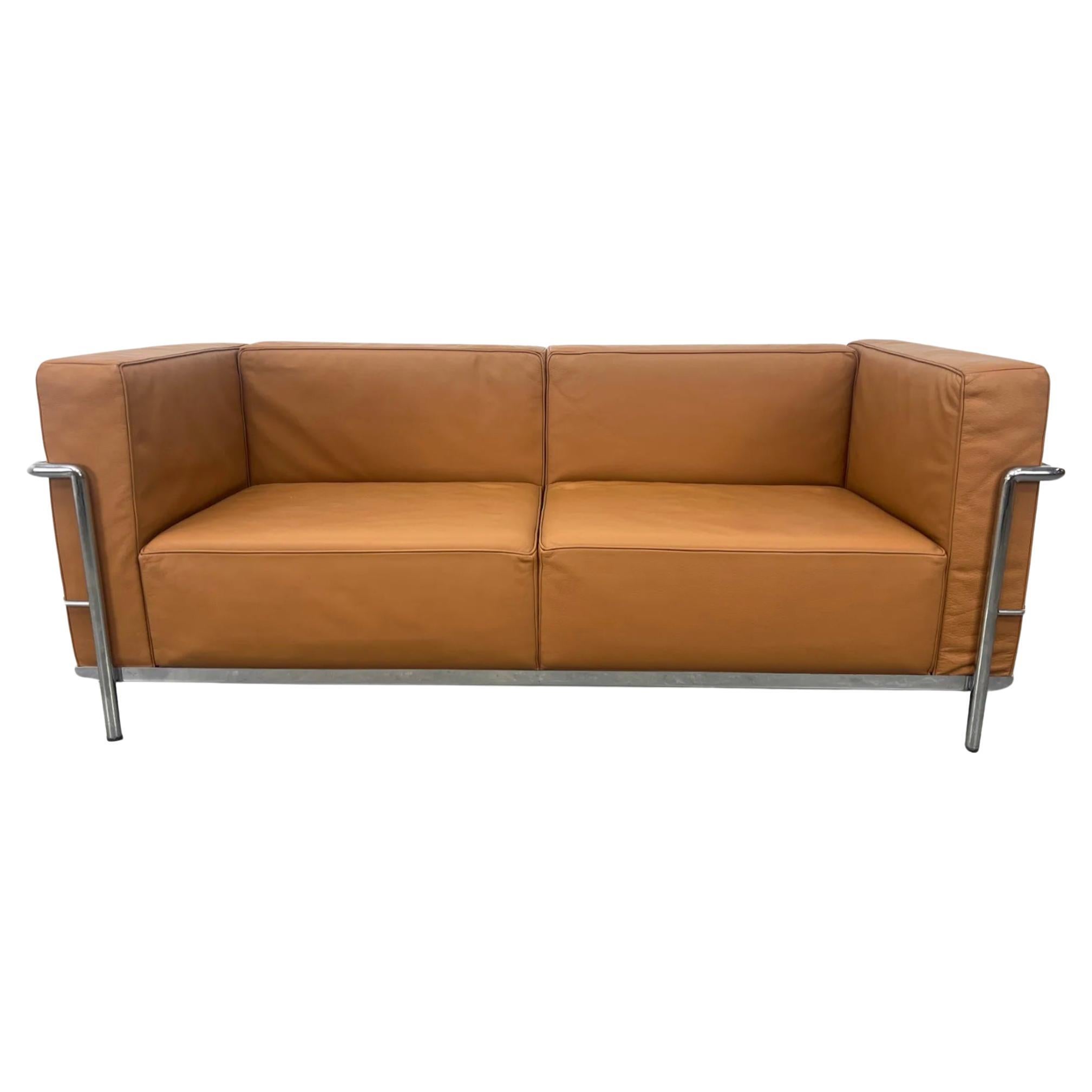 Vintage LC2 Tan leather chrome frame 2 seat sofa loveseat by Le Corbusier