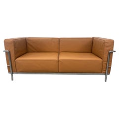 Vintage LC2 Tan leather chrome frame 2 seat sofa loveseat by Le Corbusier