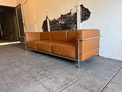 Vintage LC2 Tan leather chrome frame 3 seat sofa style of Le Corbusier