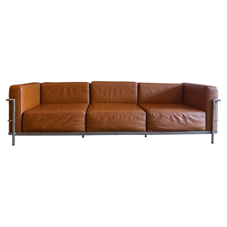 Vintage LC2 Tan leather chrome frame 3 seat sofa style of Le Corbusier