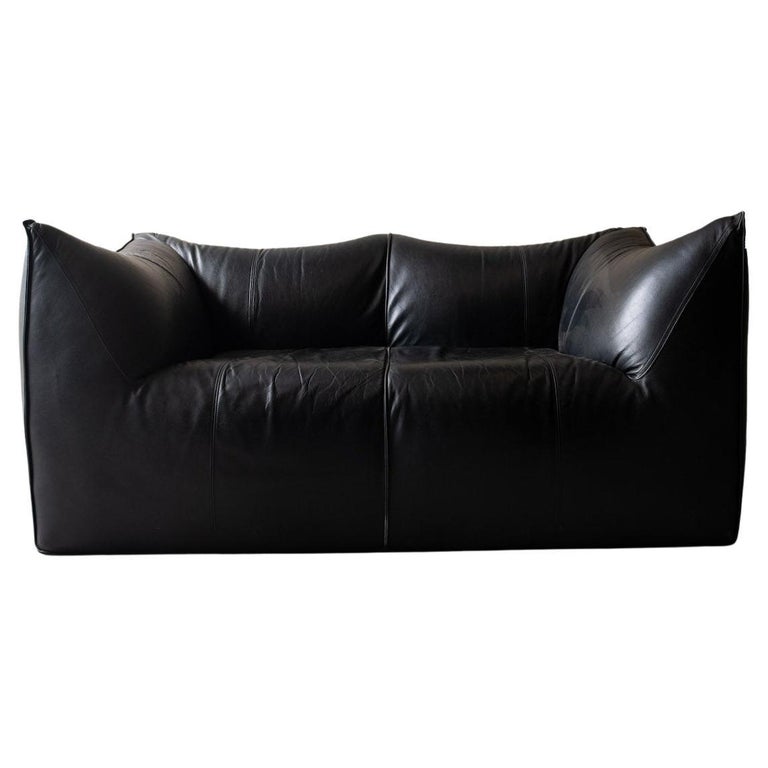 Canapé Vintage 3 Places Saporiti En Cuir Noir - Design Italien - Années 70