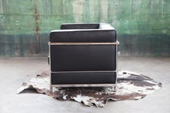 Vintage Le Corbusier Lc2 Style Black Mid Century 2 Seat Chrome Sofa