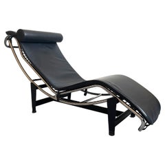 Vintage Le Corbusier LC4 Style Chaise Lounge in Black Leather, Italy, 1990s