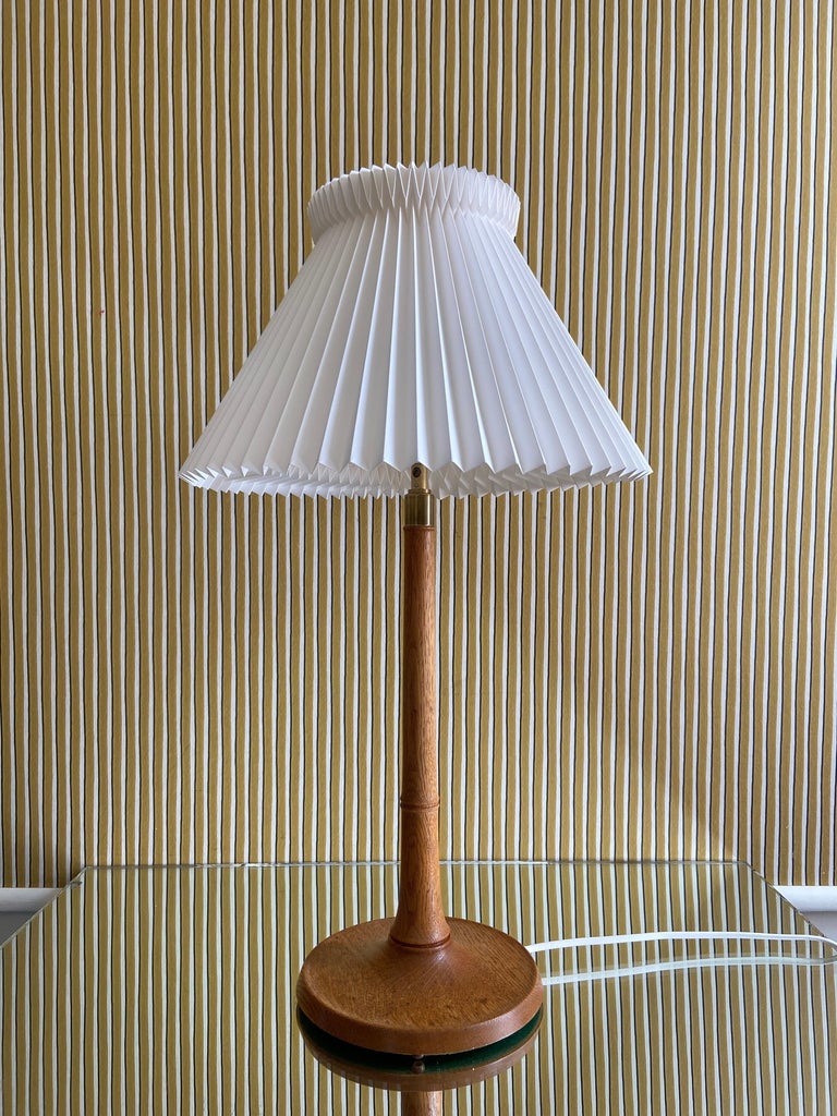 Danish Vintage Le Klint Oak Table Lamp with White Pleated Paper Shade, Denmark 1960's