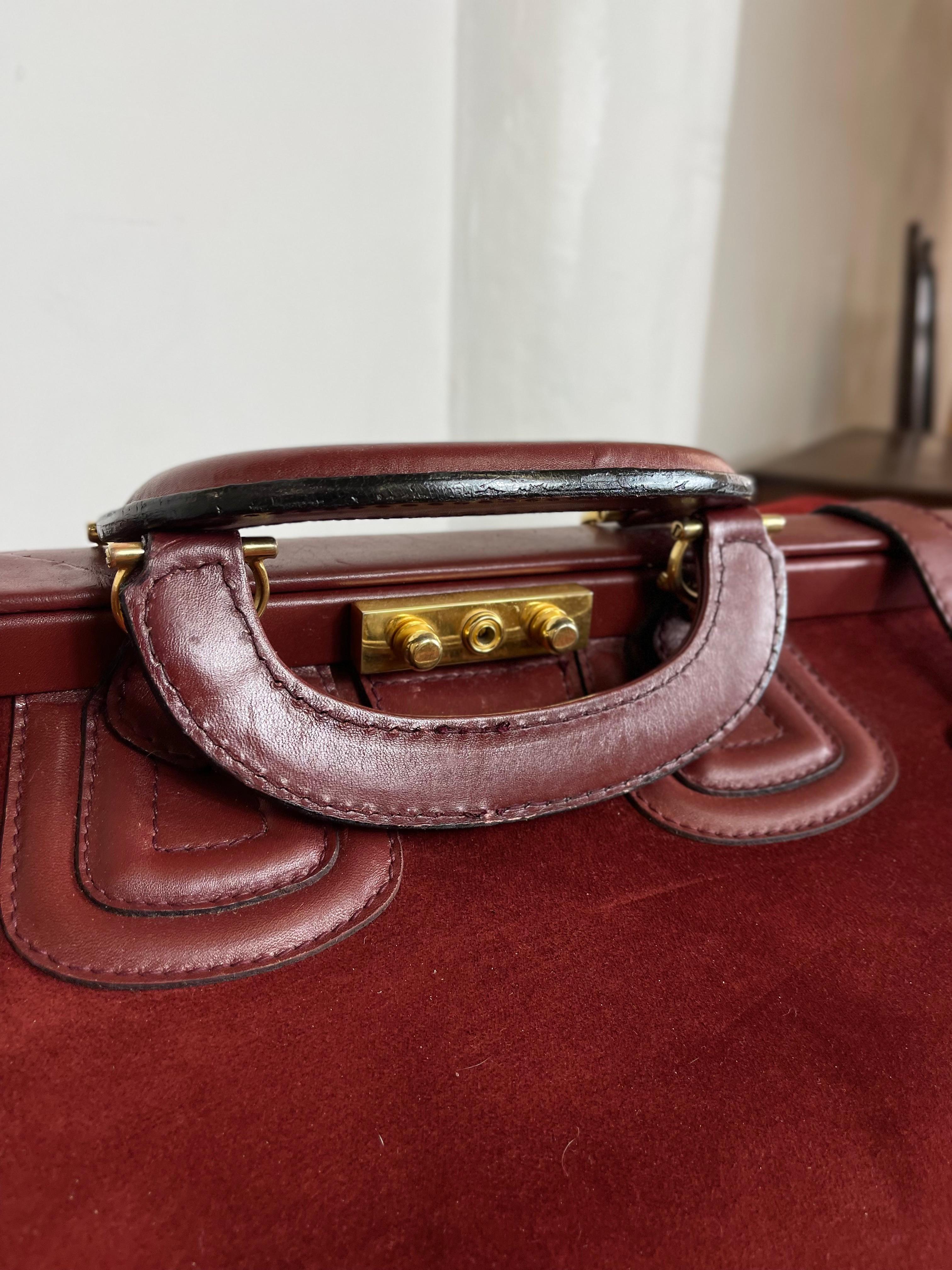 Metal Vintage Le Must De Cartier Luggage Trunk Bag  1984 Burgundy Suede and Leather For Sale