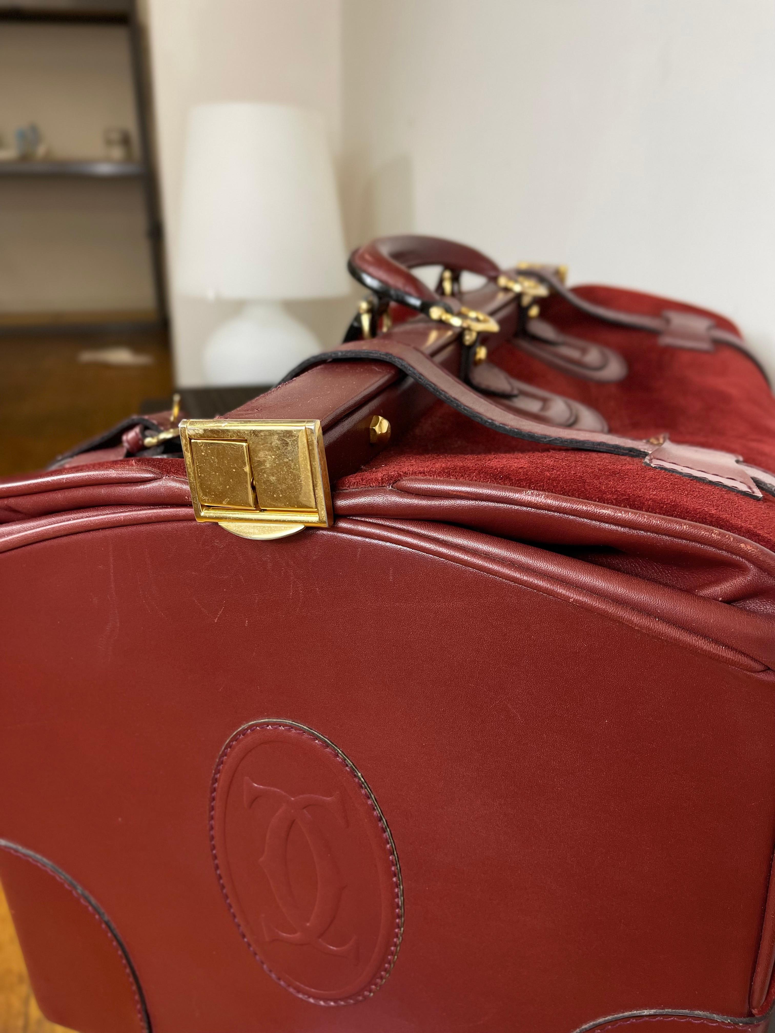 Mid-Century Modern Vintage Le Must De Cartier Luggage Trunk Bag  1984 Burgundy Suede and Leather For Sale