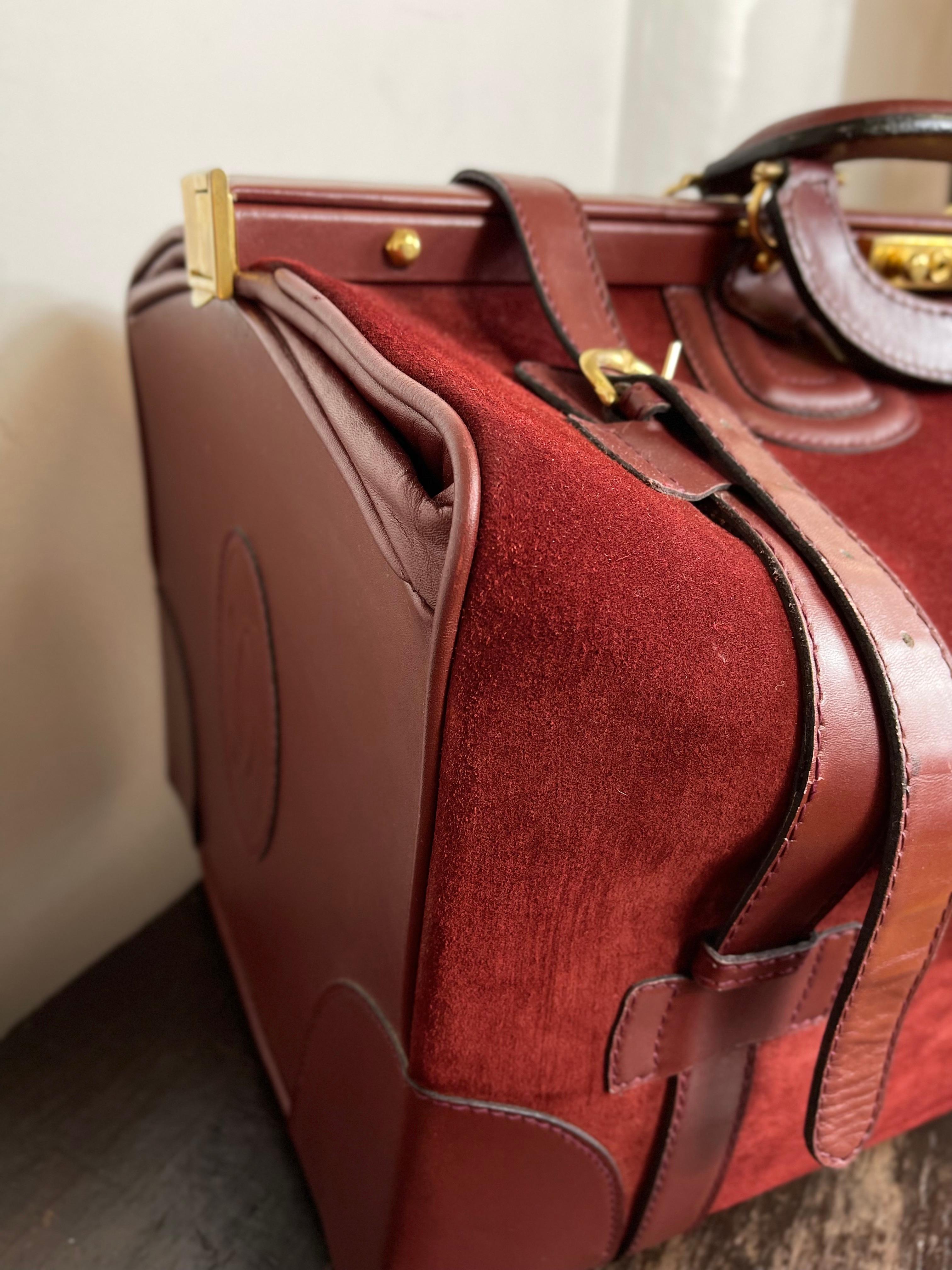 20th Century Vintage Le Must De Cartier Luggage Trunk Bag  1984 Burgundy Suede and Leather For Sale