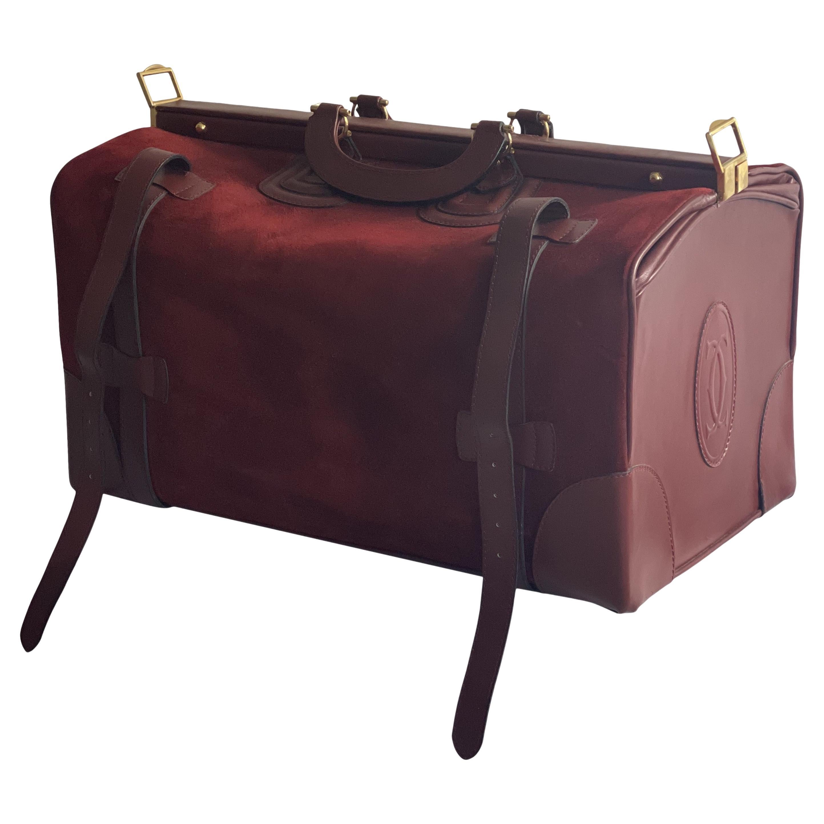 Vintage Le Must De Cartier Luggage Trunk Bag  1984 Burgundy Suede and Leather For Sale