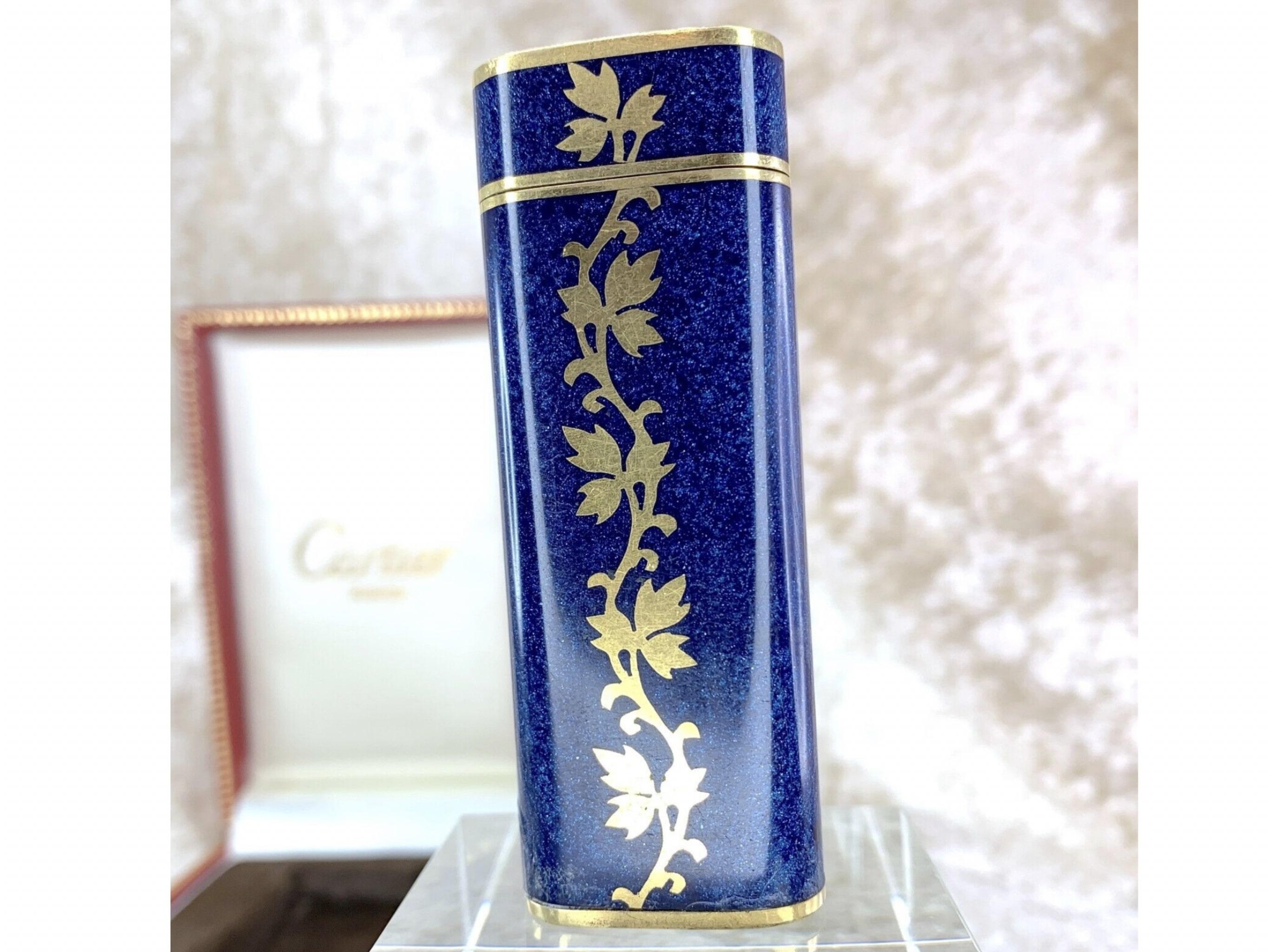 Vintage Le Must de Cartier Rare Blue Lacquer & 18k Gold Flower Oriental Pattern 5