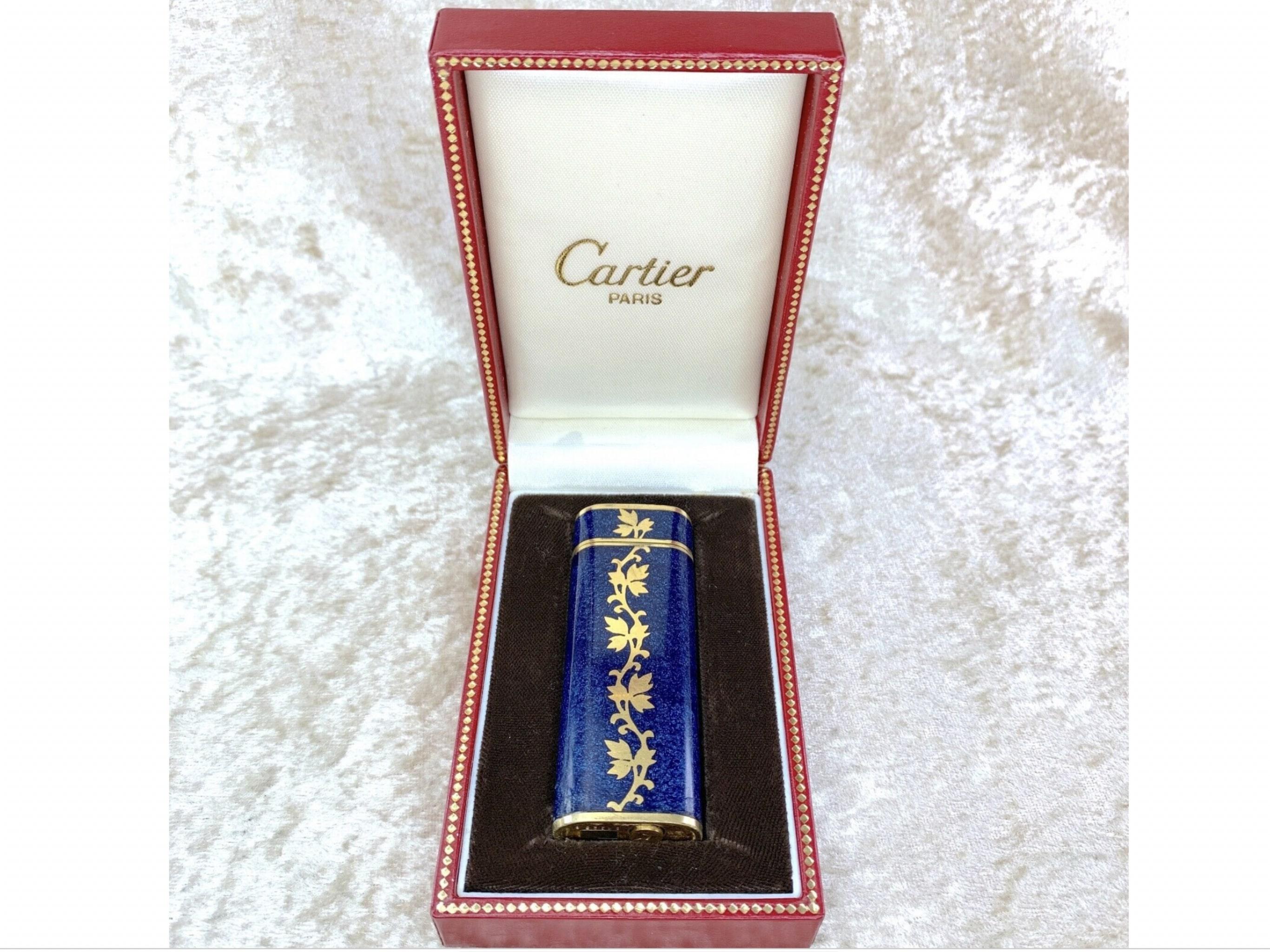 Women's or Men's Vintage Le Must de Cartier Rare Blue Lacquer & 18k Gold Flower Oriental Pattern