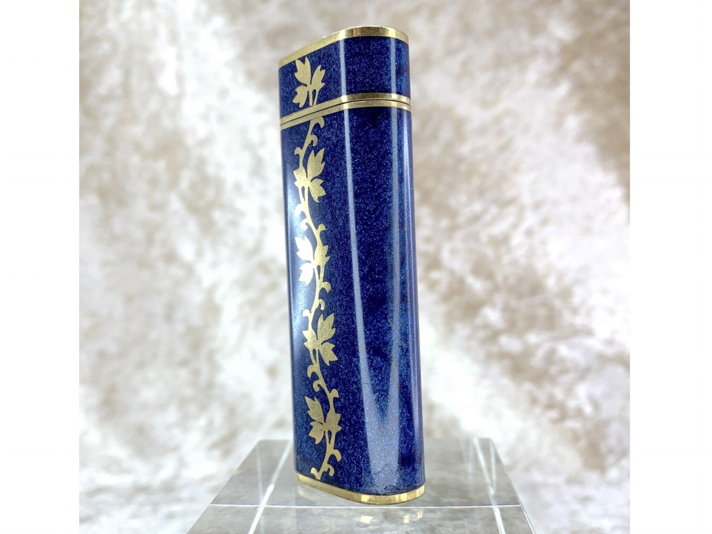 Vintage Le Must de Cartier Rare Blue Lacquer & 18k Gold Flower Oriental Pattern 1