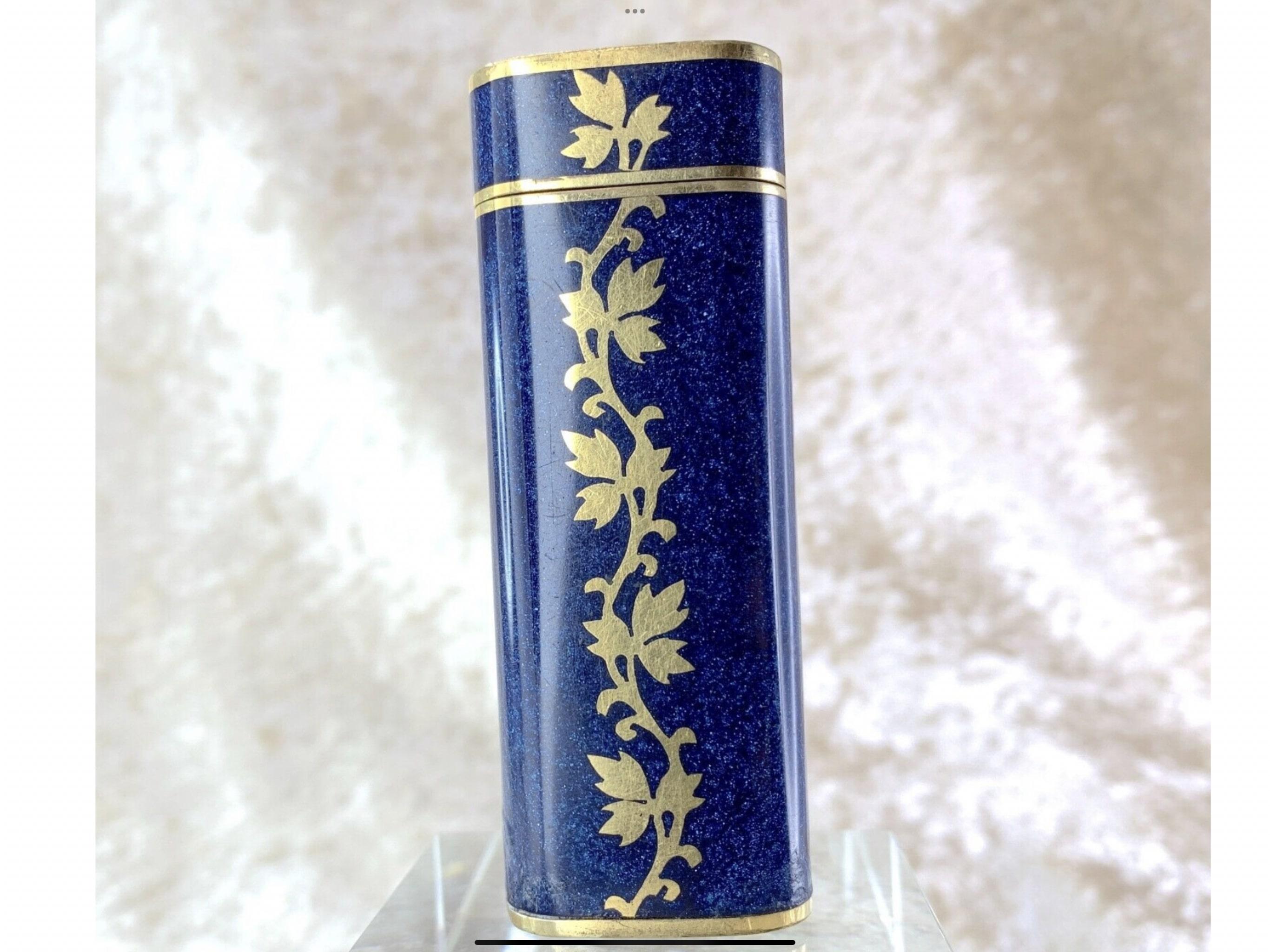 Vintage Le Must de Cartier Rare Blue Lacquer & 18k Gold Flower Oriental Pattern 2