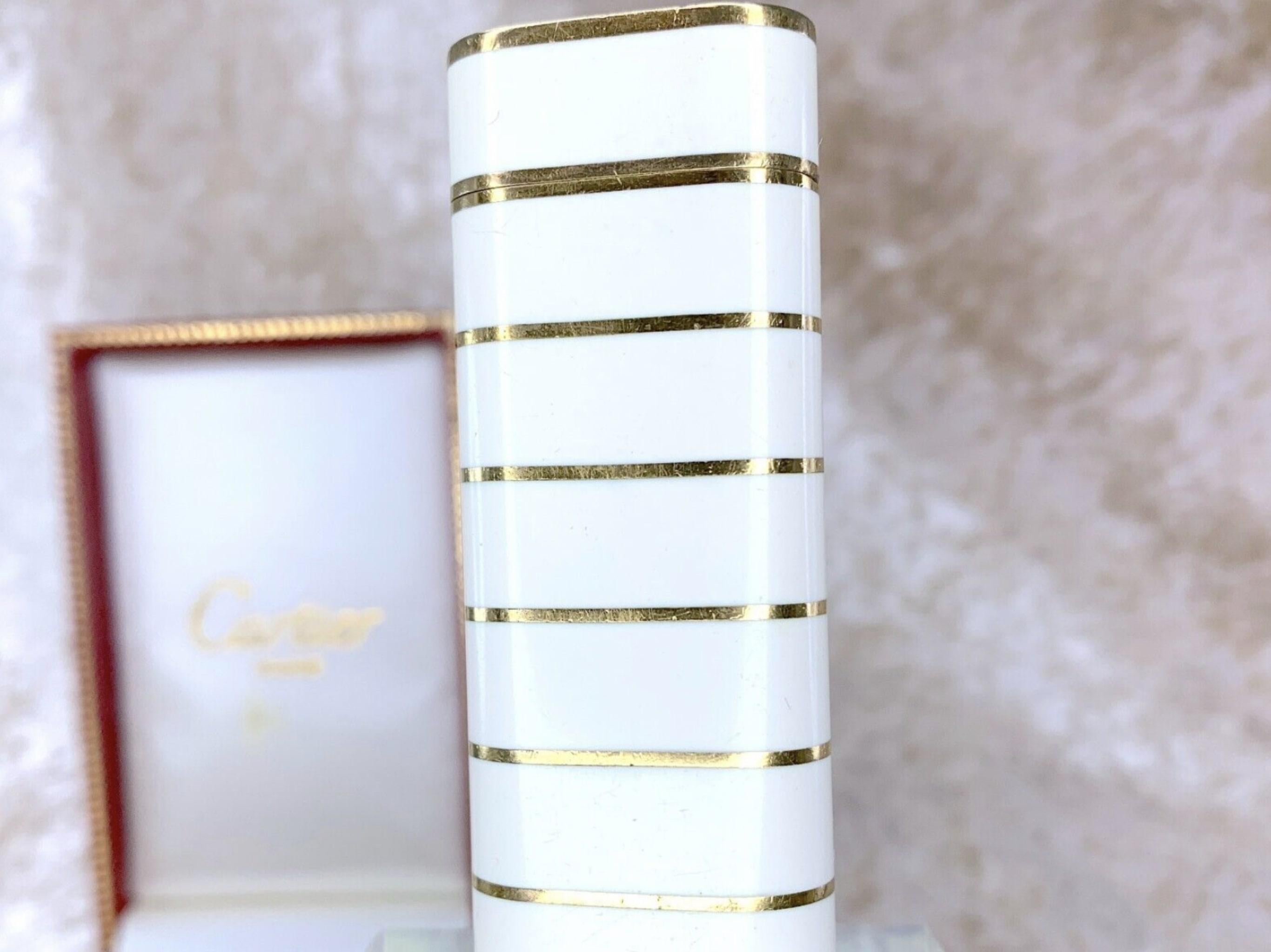 Women's or Men's Vintage Le Must de Cartier Rare White Lacquer & Gold Horizontal Stripes