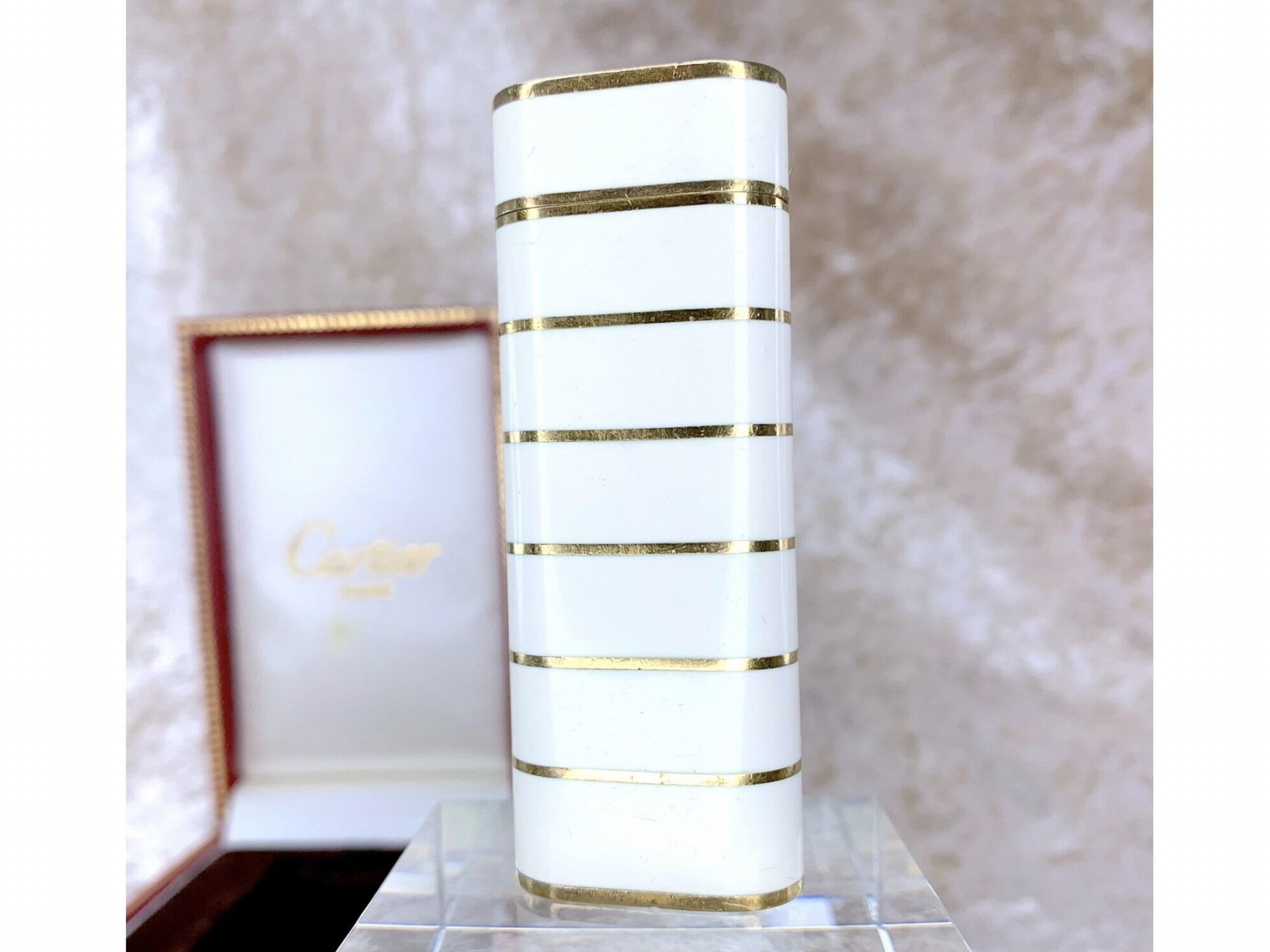 Vintage Le Must de Cartier Rare White Lacquer & Gold Horizontal Stripes 3