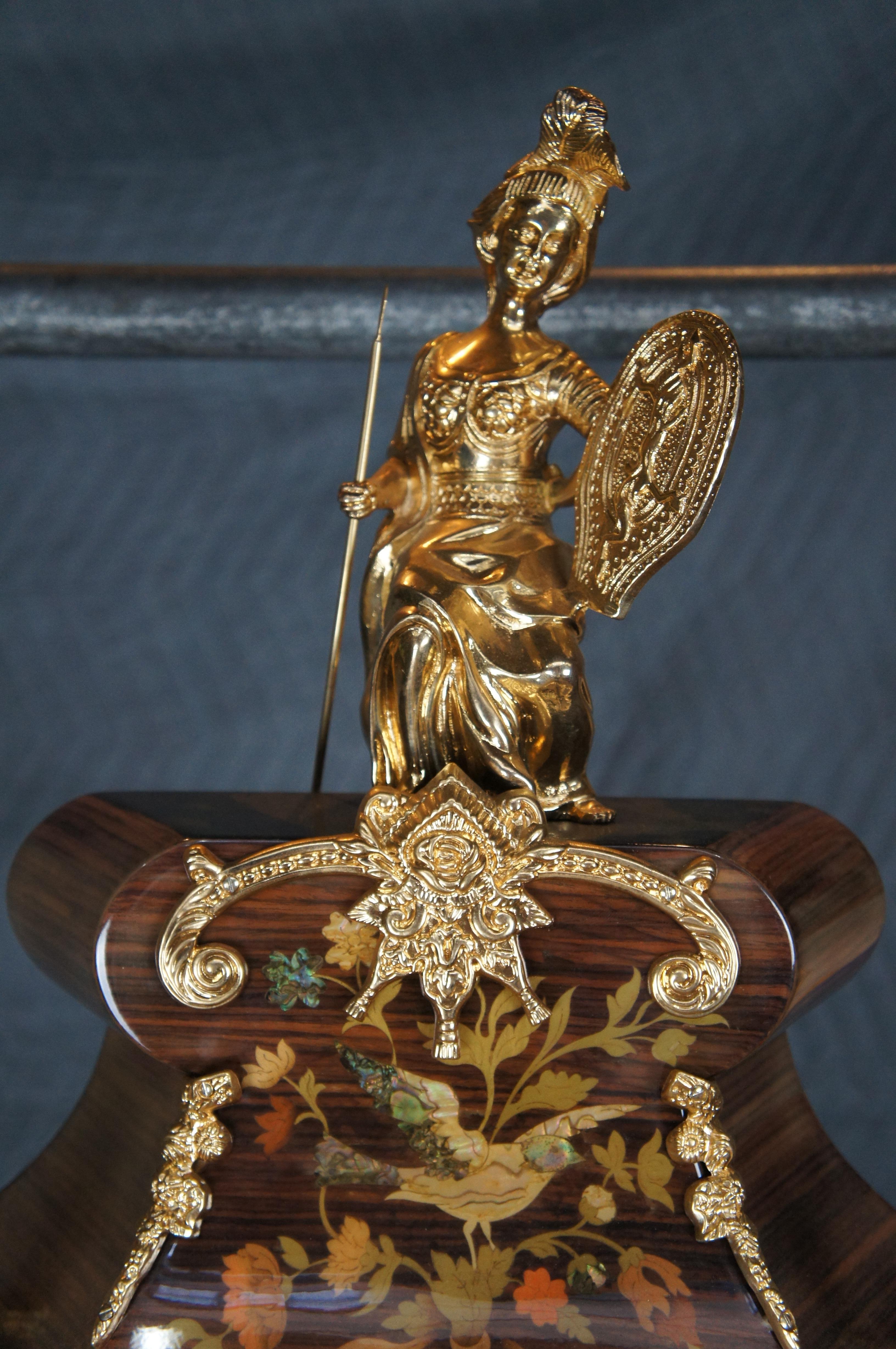 Brass Vintage Le Ore Italian Louis XIV Boulle Style Walnut Marquetry Mantel Clock 41
