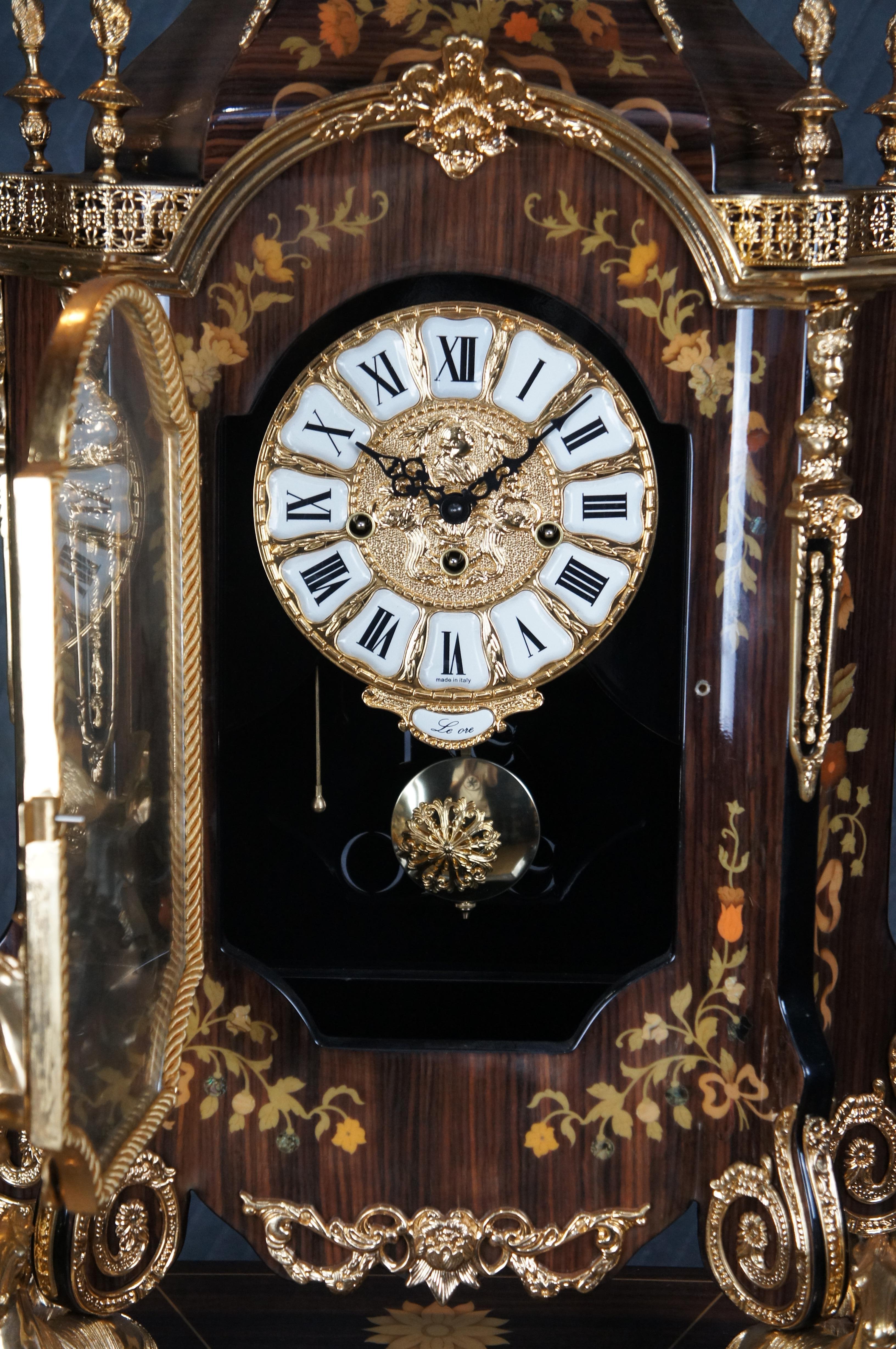 Vintage Le Ore Italian Louis XIV Boulle Style Walnut Marquetry Mantel Clock 41