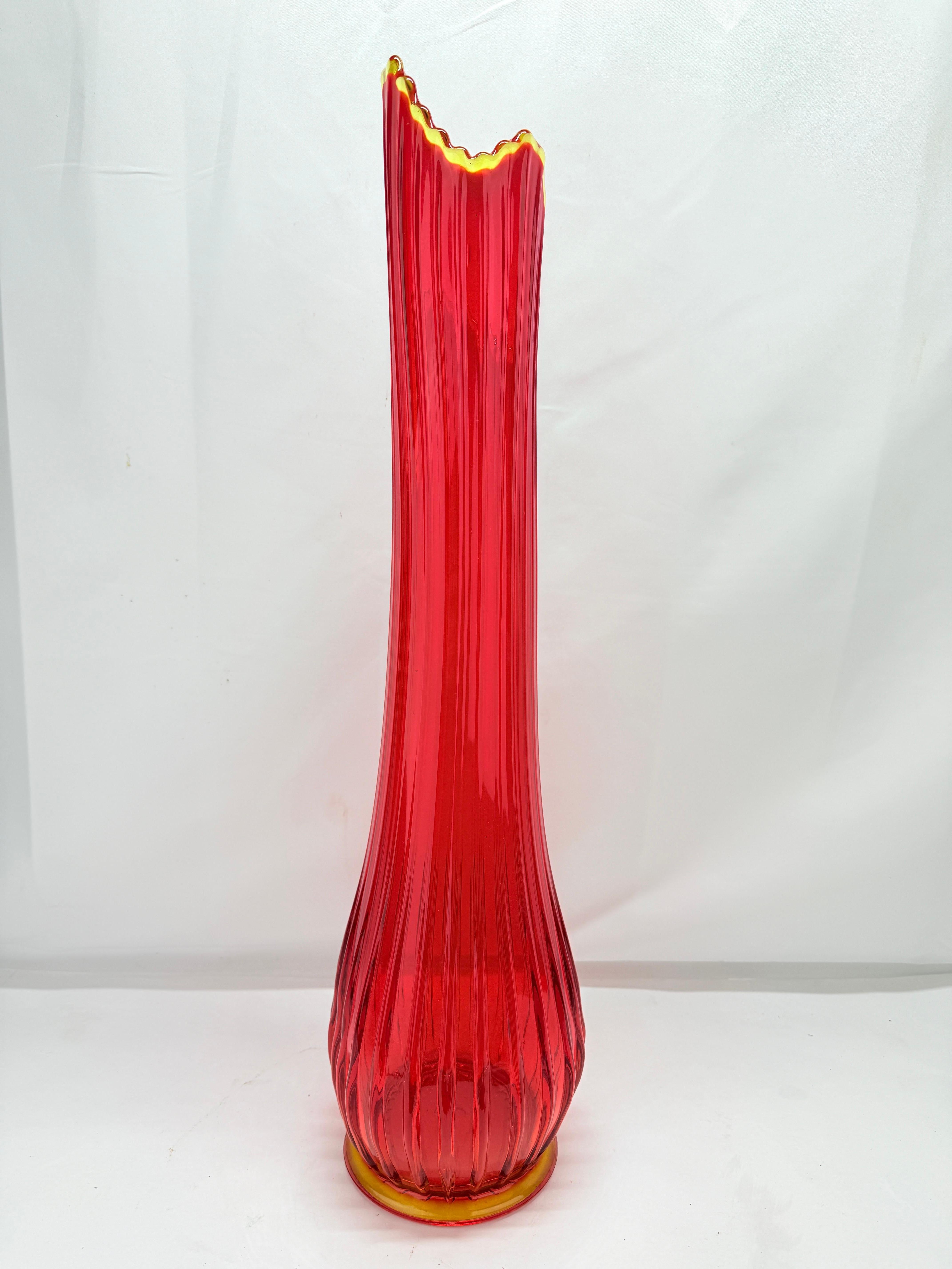 American Vintage L.E. Smith Ruby Red & Amberina Ribbed Swung Vase 25.25