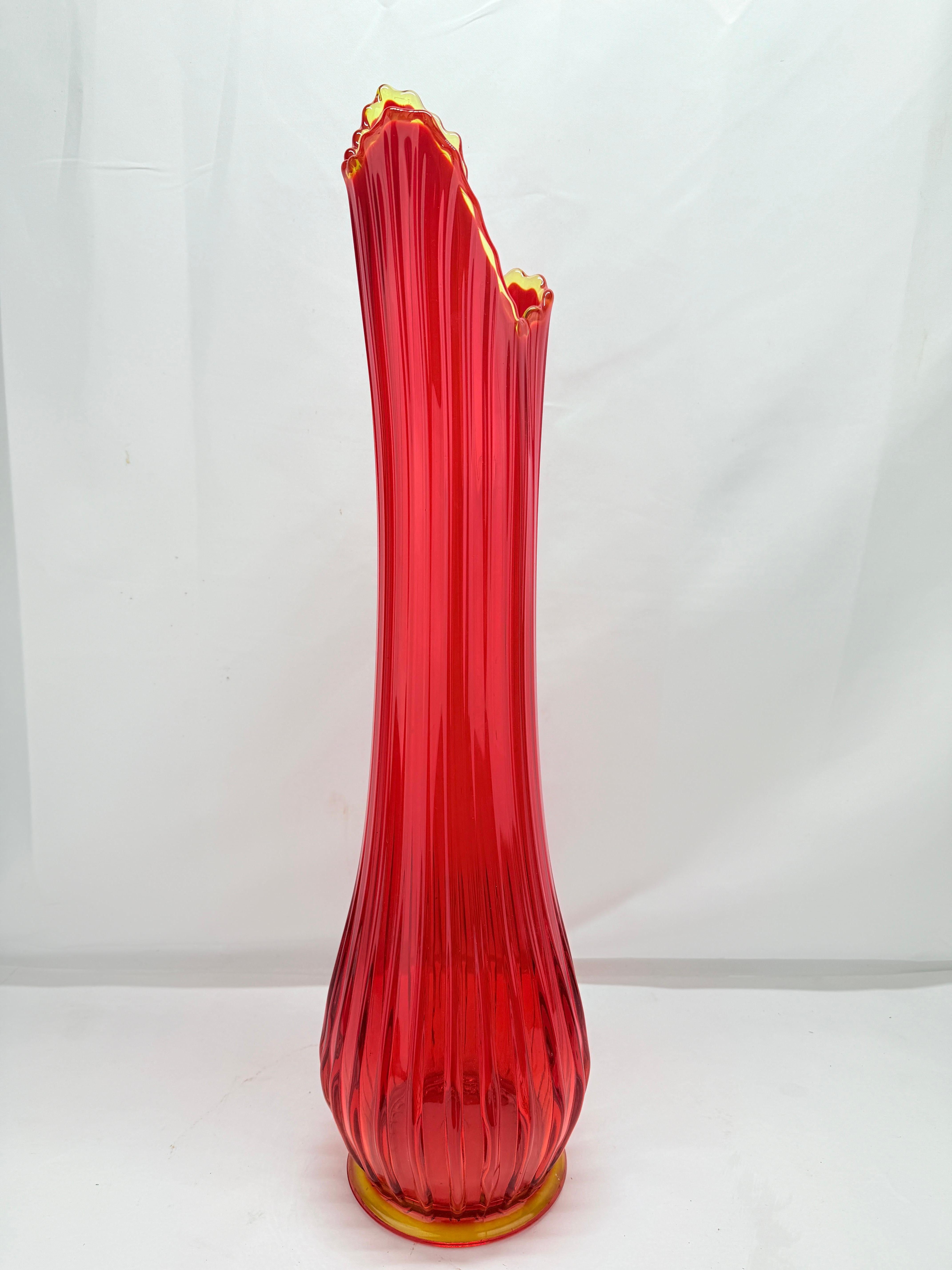Vintage L.E. Smith Ruby Red & Amberina Ribbed Swung Vase 25.25