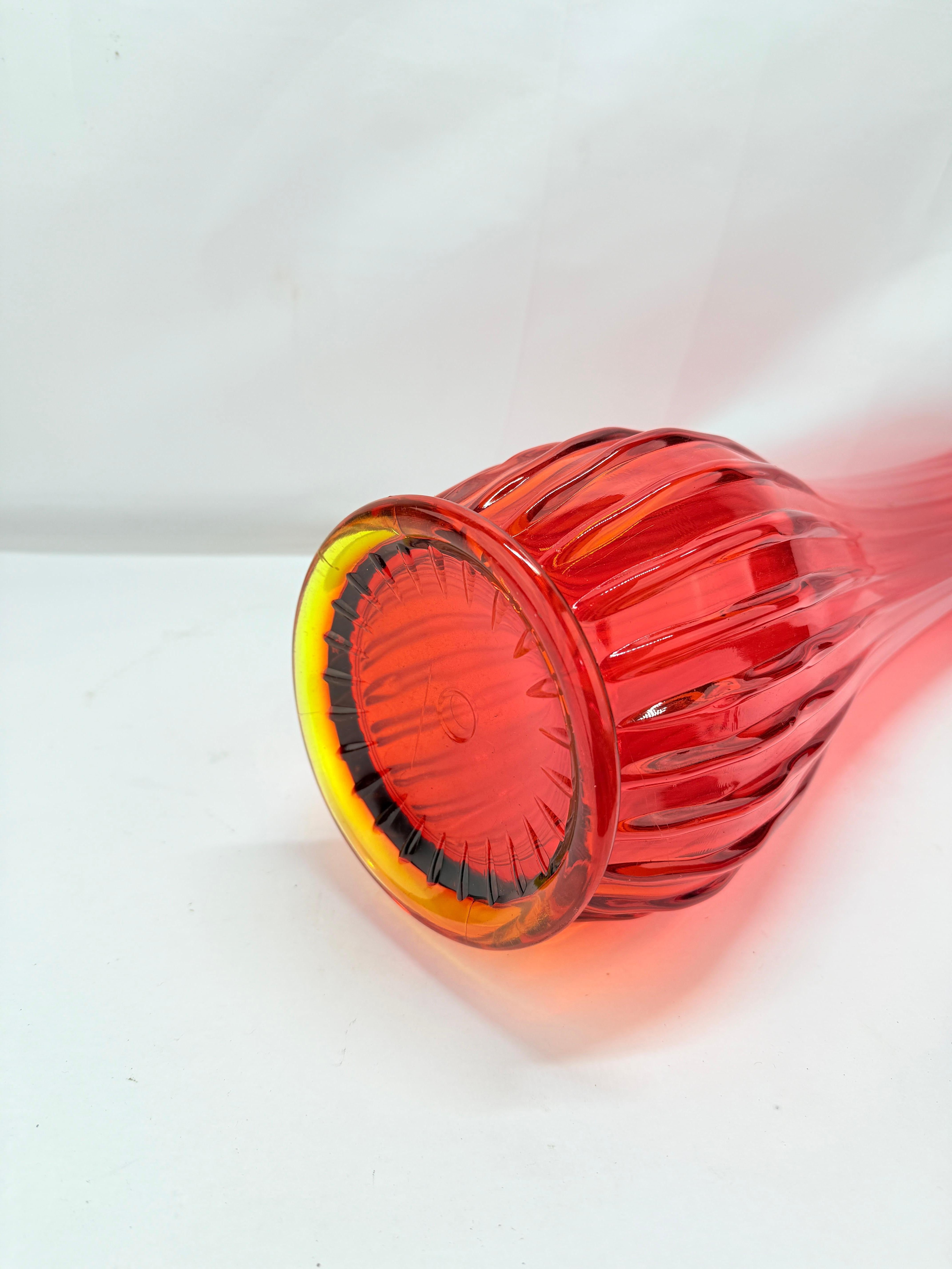 Art Glass Vintage L.E. Smith Ruby Red & Amberina Ribbed Swung Vase 25.25
